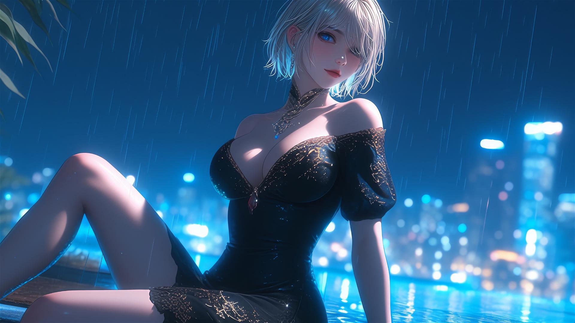 2B from Nier in casual attire, relaxed, sitting by a rainy swimming pool, moonlight glow