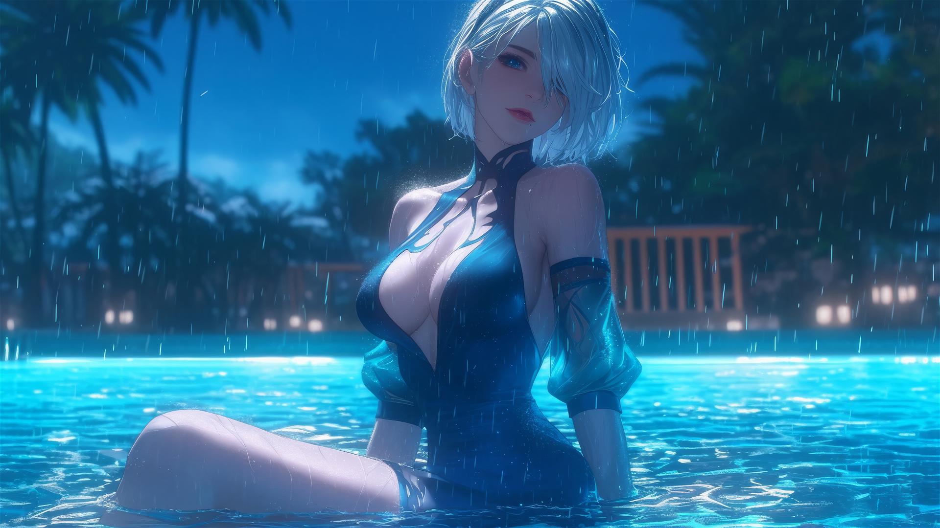 2B from Nier dressed in pink, sitting relaxed by a rainy swimming pool under moonlight.