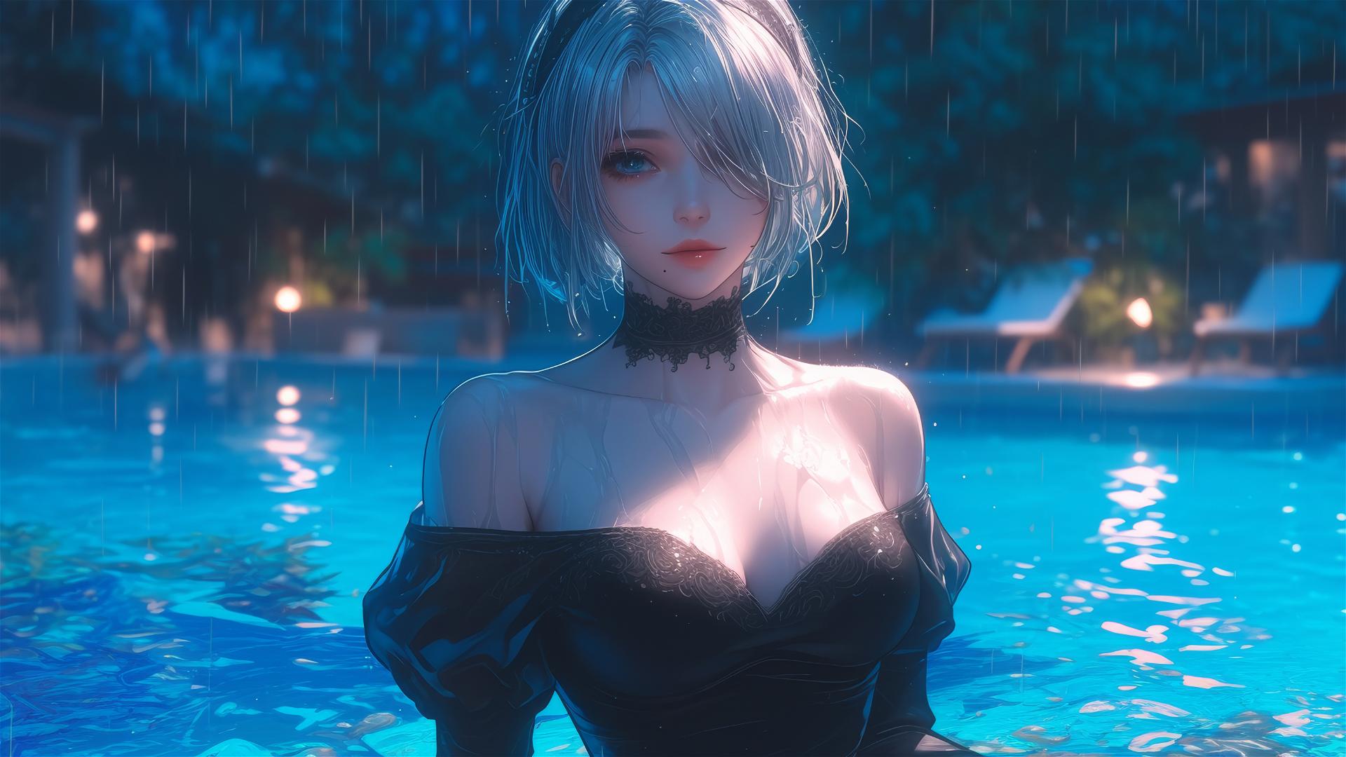2B from Nier in pink, relaxed, sitting by a rainy swimming pool with moonlight.