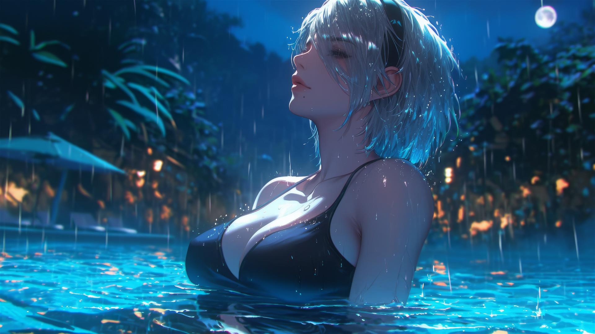 2B from Nier in pink, sitting relaxed at a rainy swimming pool with moonlight glow.