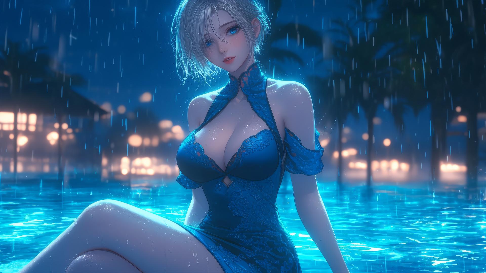 2B from Nier in pink outfit, resting by a moonlit pool in the rain