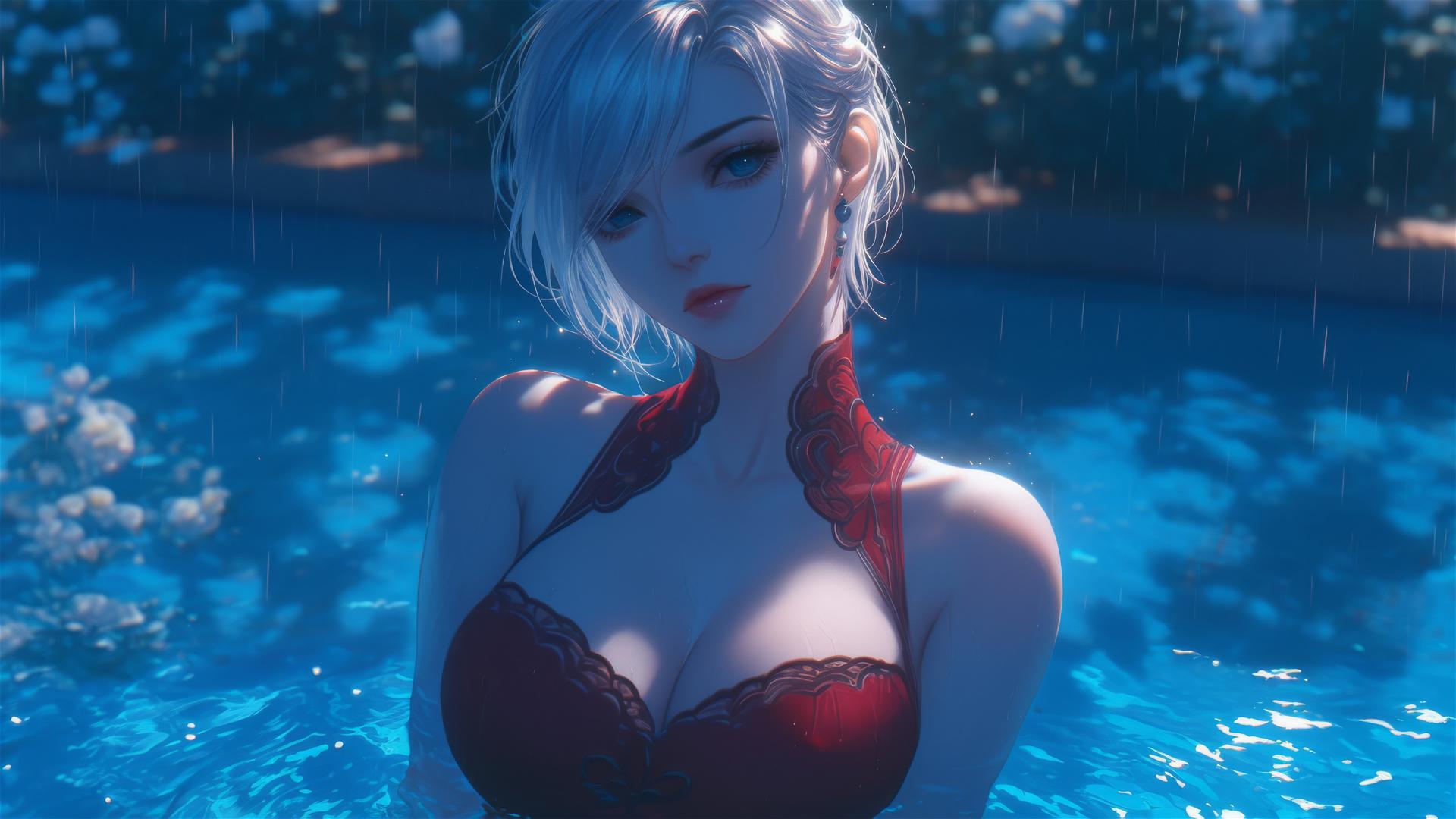 2B from Nier dressed in pink, sitting relaxed at a rainy swimming pool with moonlight glow.