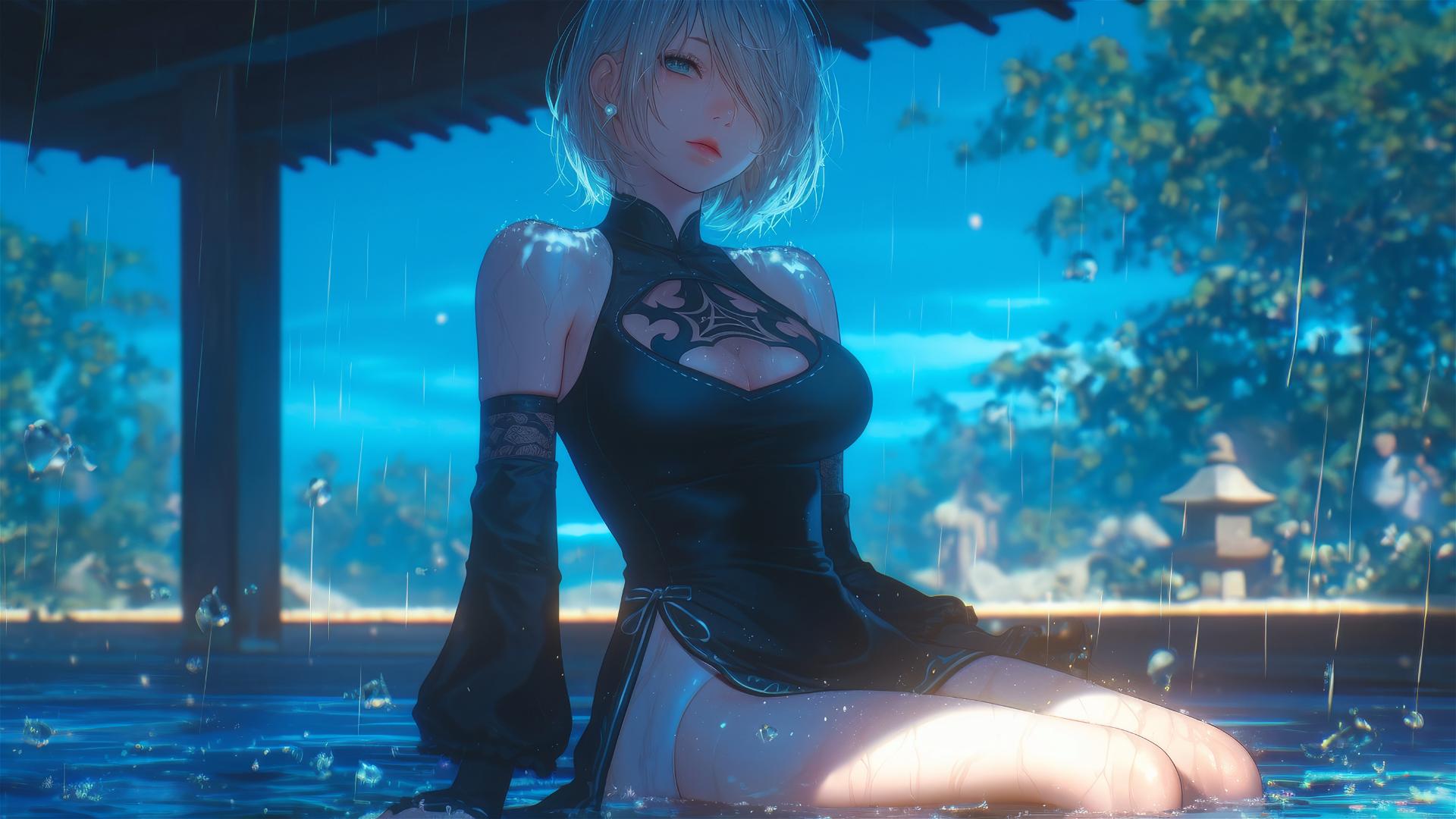 2B from Nier in pink, sitting relaxed by a rainy swimming pool at night, moonlight glow.