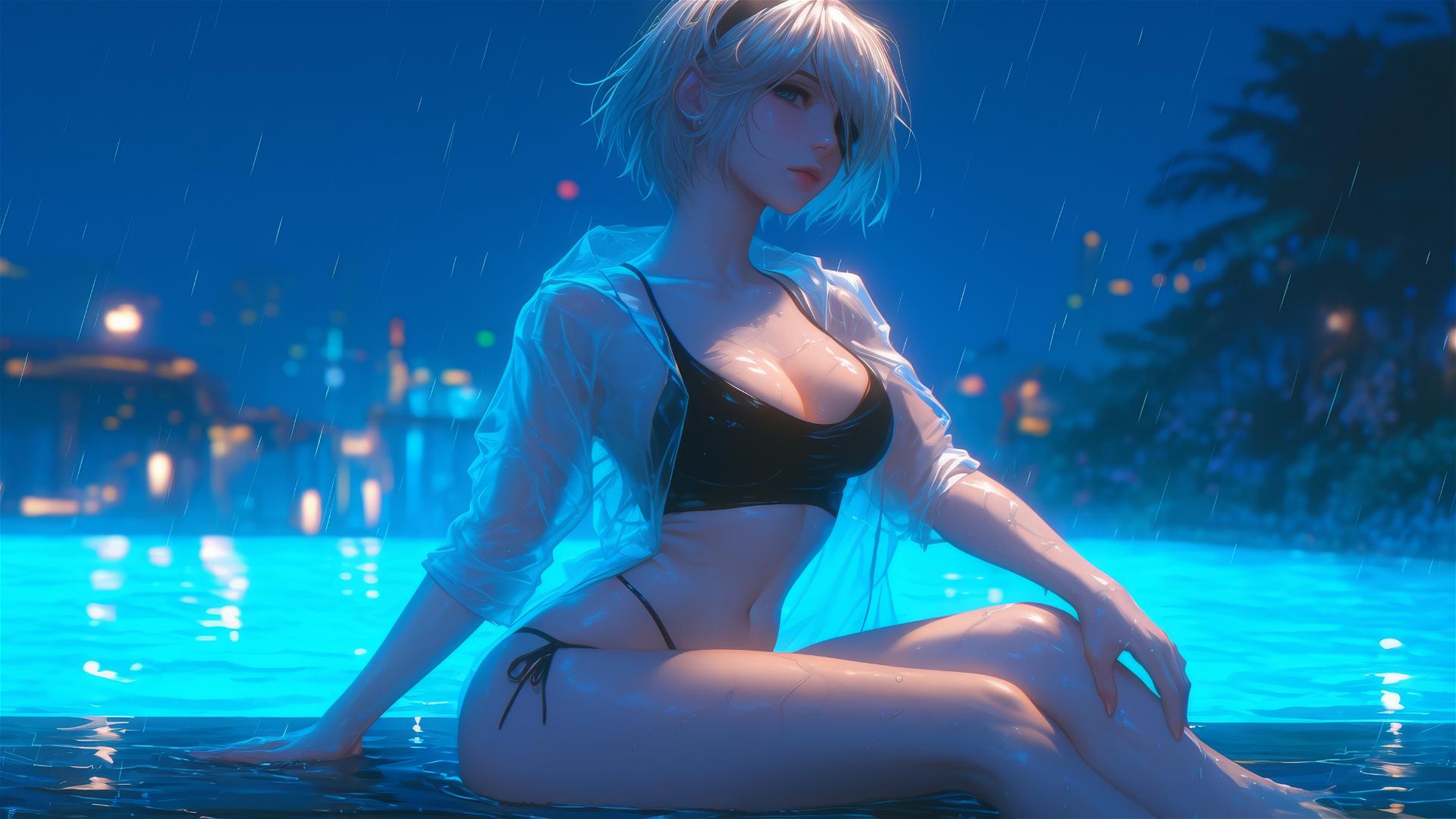 2B from NieR in pink, sitting relaxed at a rainy pool, moonlight glow