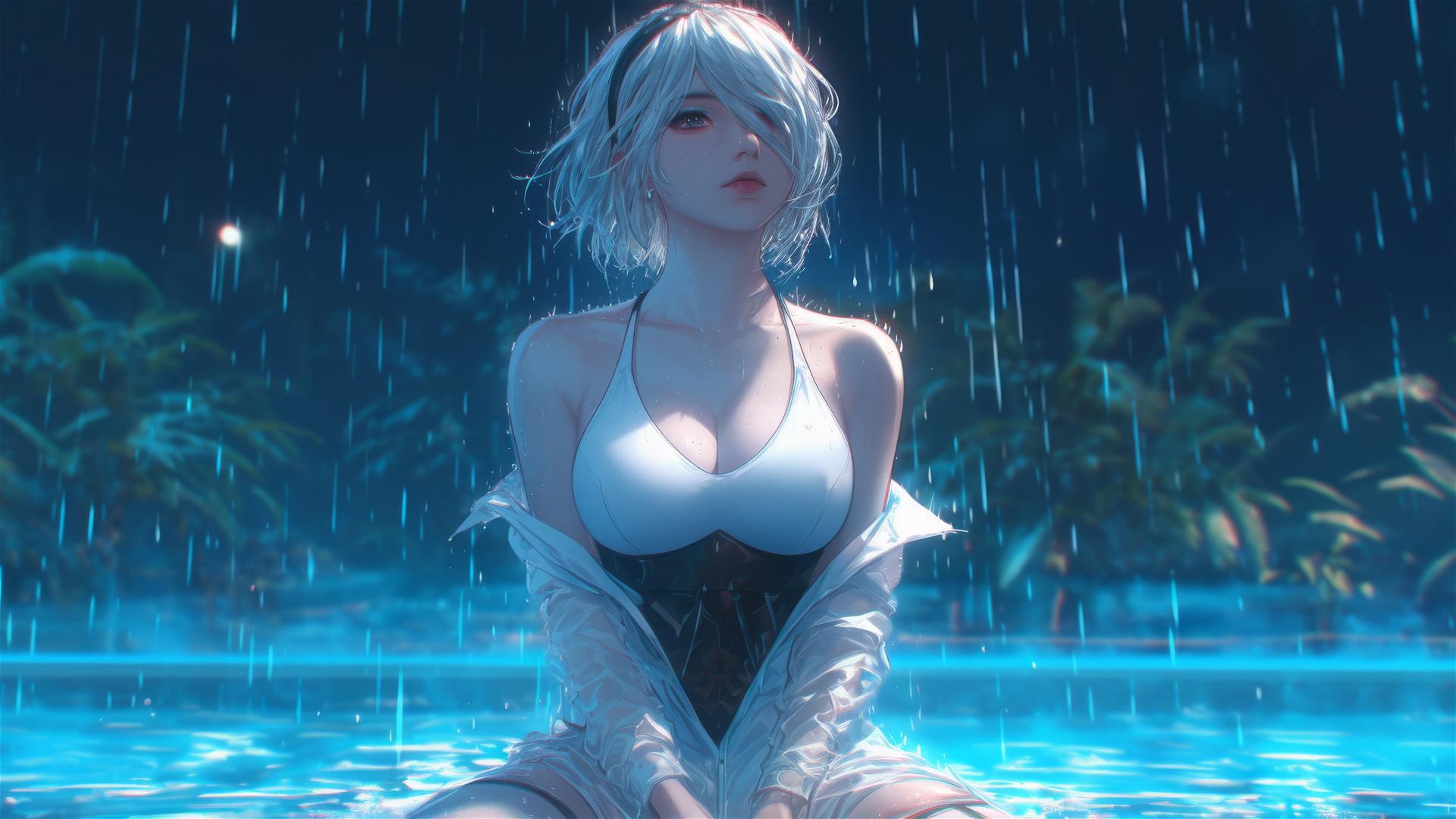 2B in white, sitting by a rainy pool with moonlight glow
