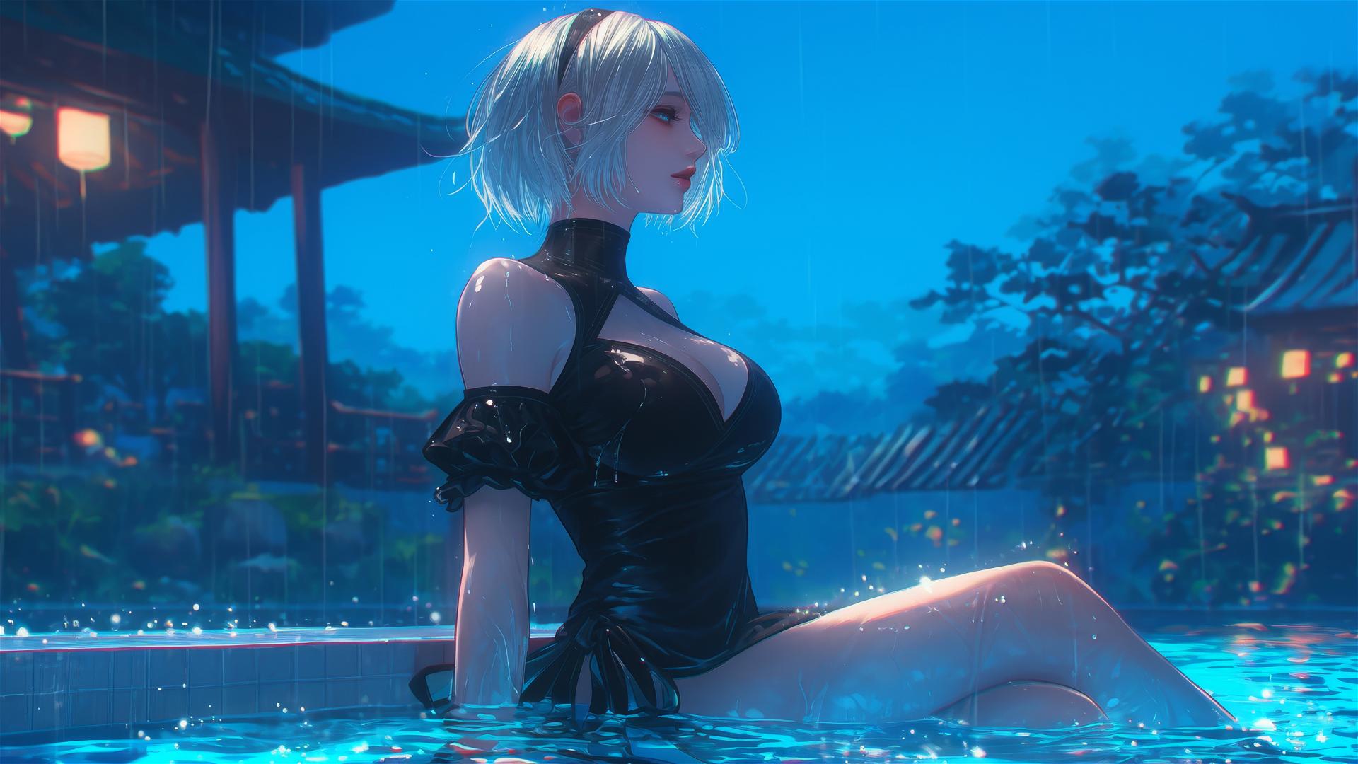 2B from Nier sitting casually by a rainy swimming pool, moonlight glow.