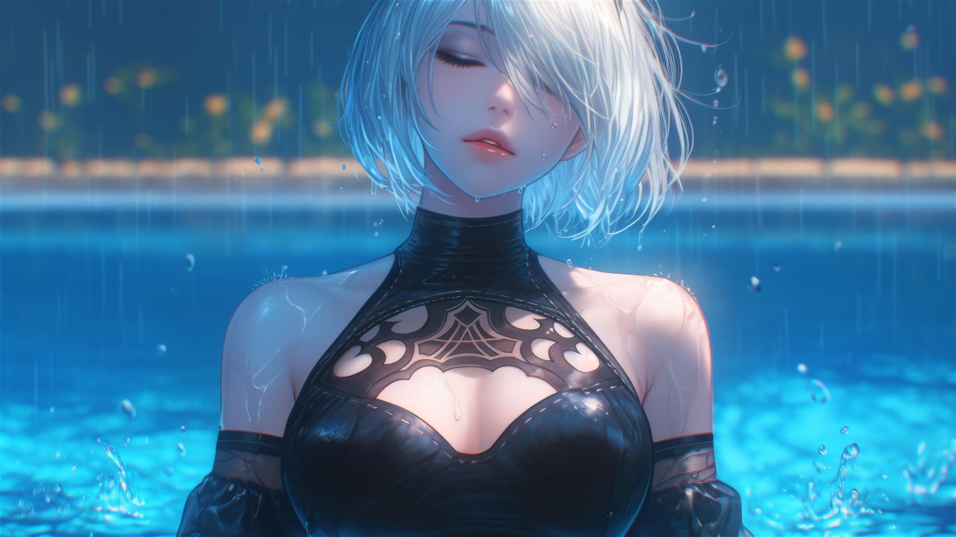 2B from Nier in casual attire sitting by a rainy pool with moonlight glow