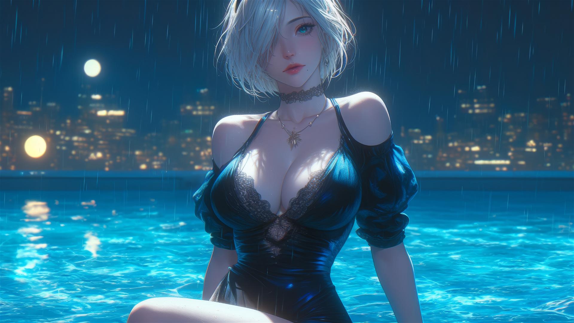 2B in casual clothes relaxing at a rainy pool under moonlight