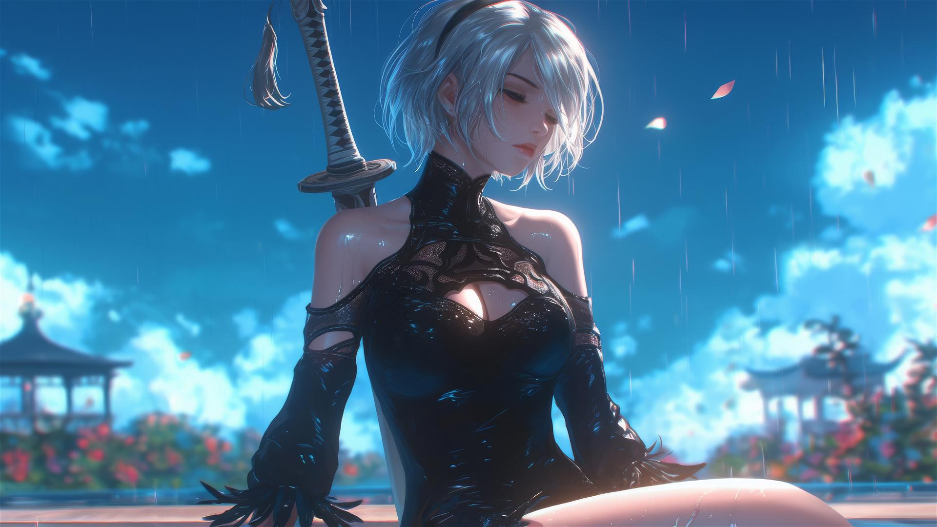 2B from Nier in casual attire, sitting by a rainy swimming pool under moonlight.
