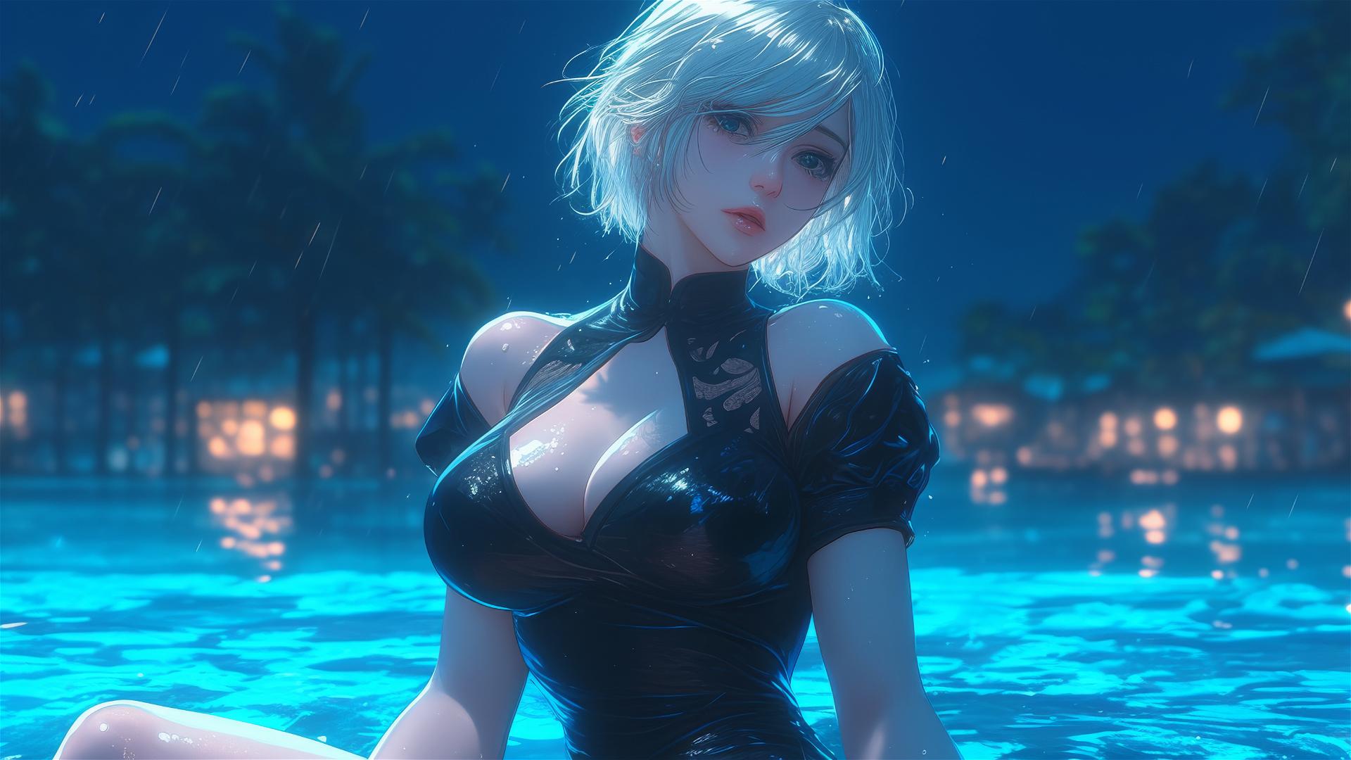 2B from Nier in casual attire sitting leisurely by a rainy pool under moonlight.