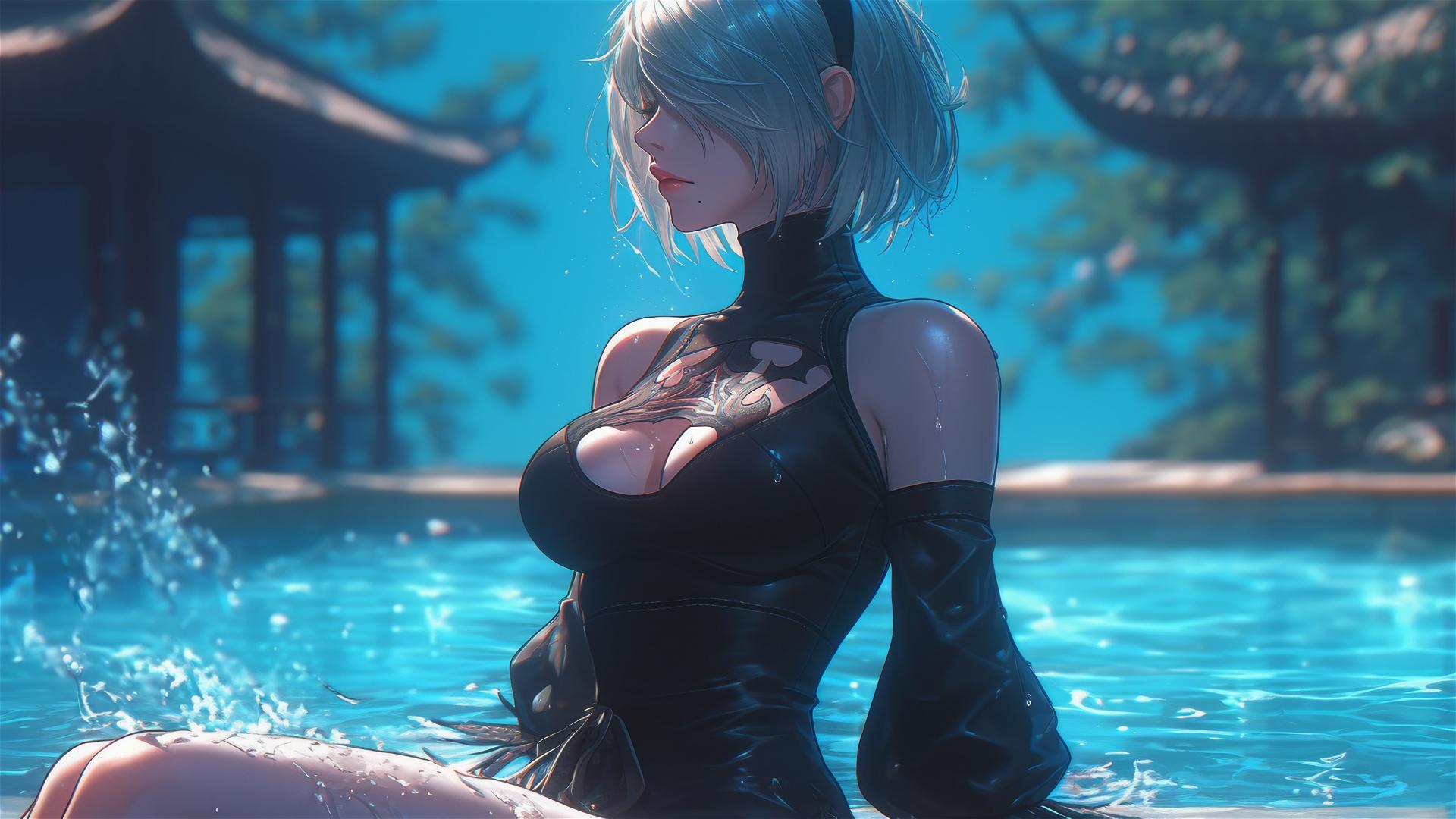 2B from Nier in casual attire, sitting by a rainy swimming pool, moonlit.