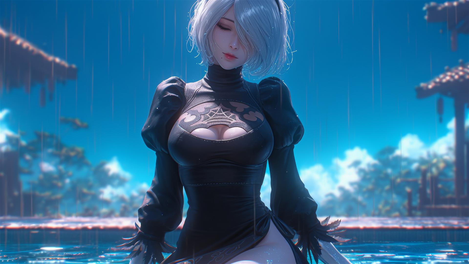 2B from Nier in casual clothes sitting by a rainy pool with moonlight on her in short hair