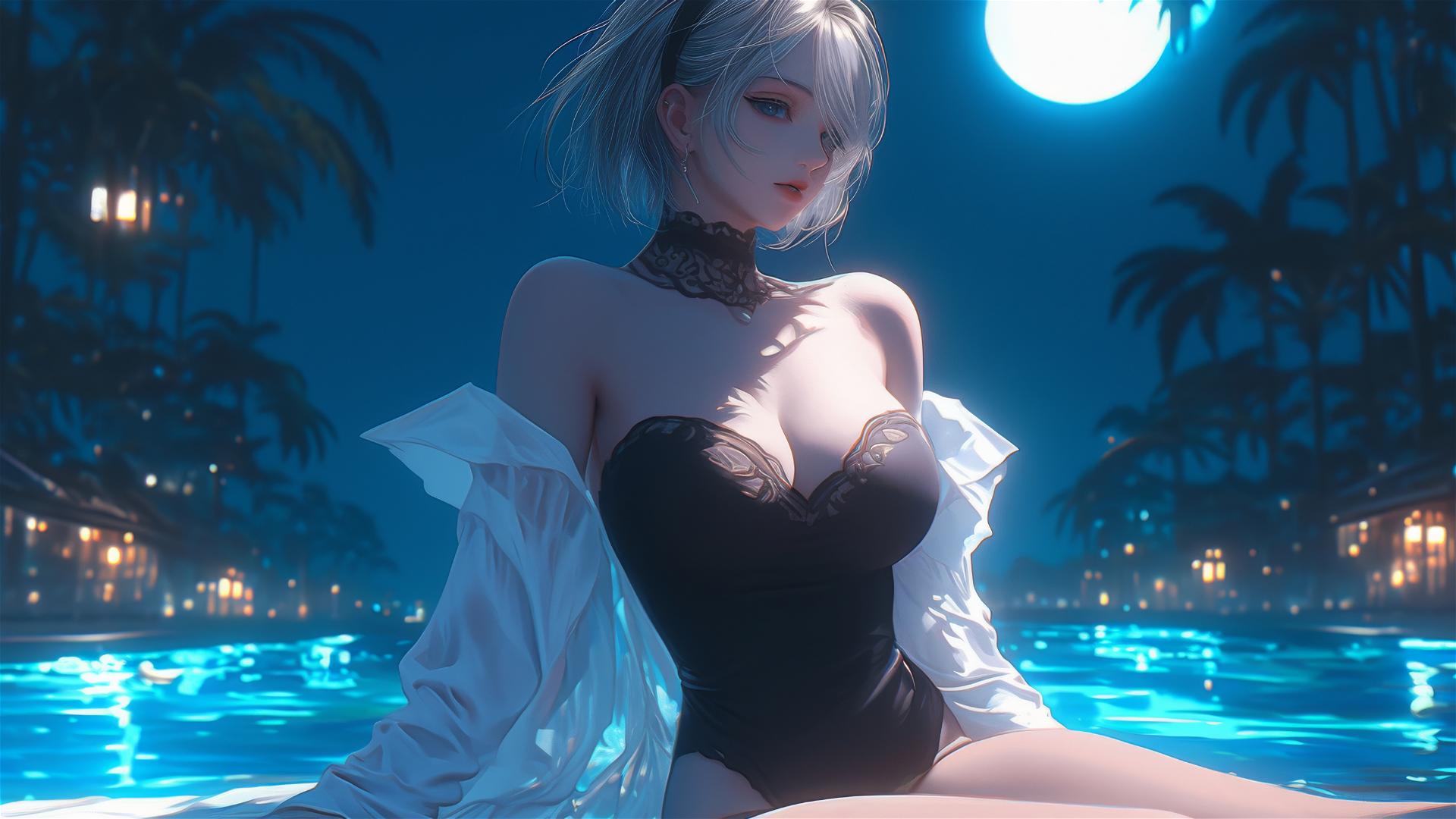 2B from Nier in casual clothes, sitting by a rainy pool under moonlight