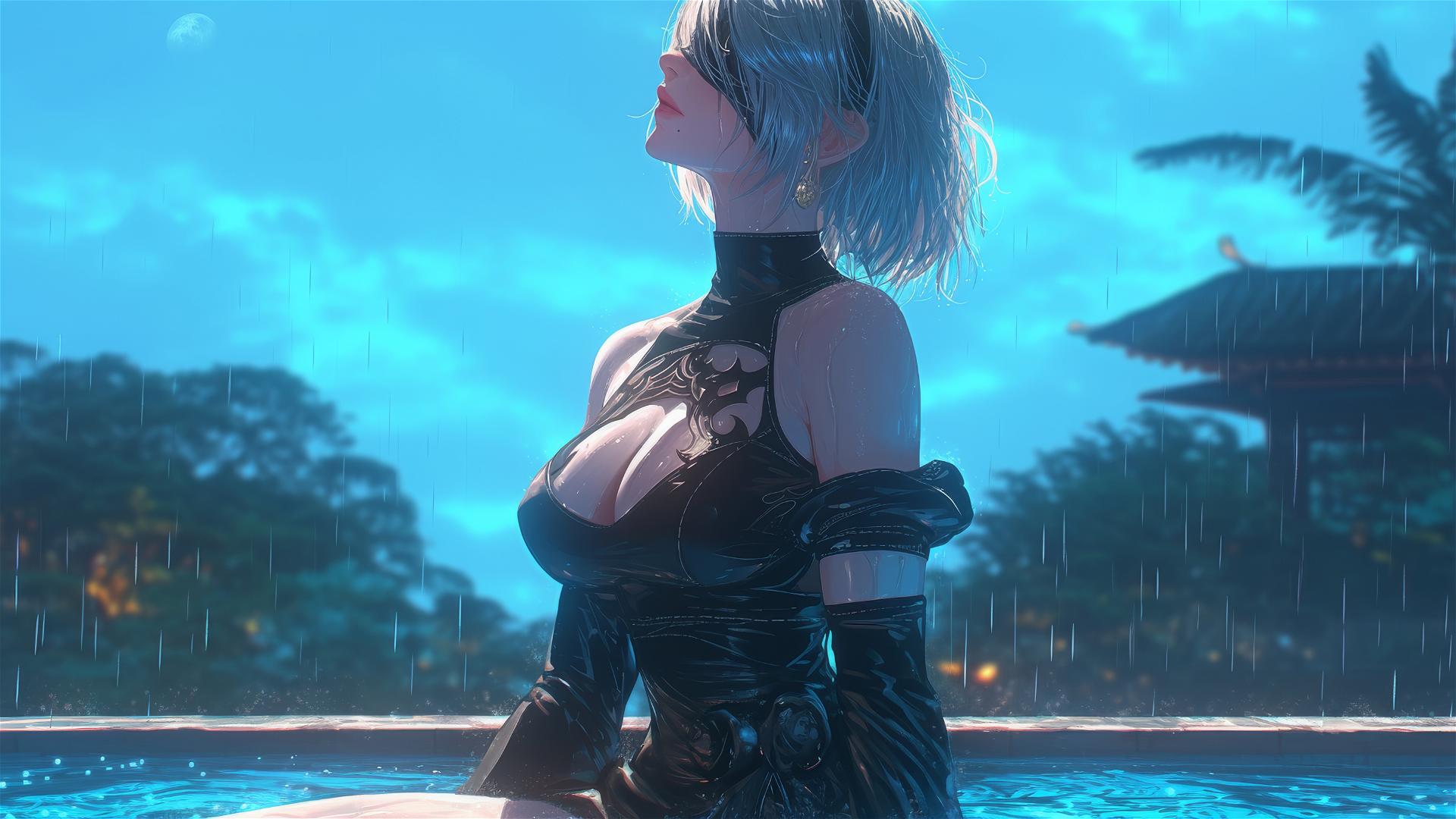 2B from Nier in casual attire, sitting relaxed by a rainy pool with moonlight glow.