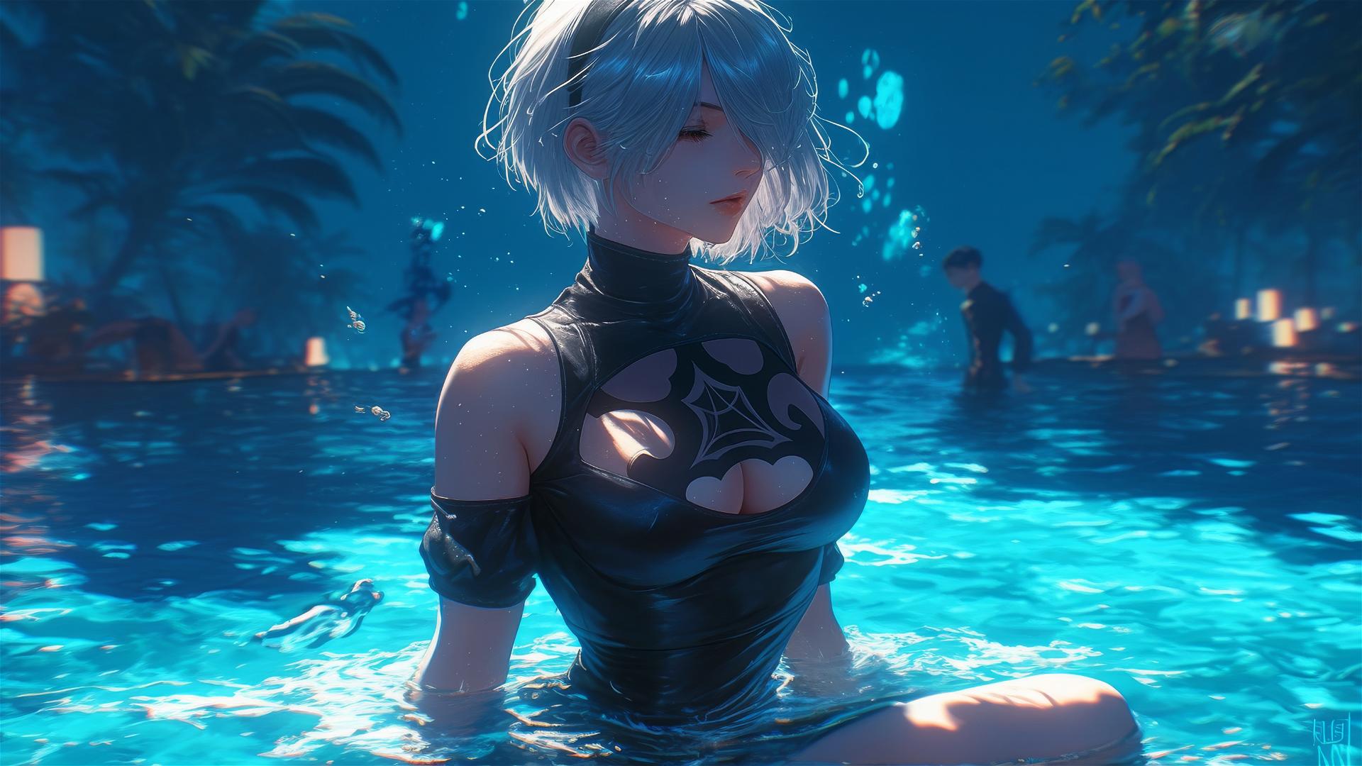 2B from Nier in casual attire sitting by a rainy pool with moonlight glow