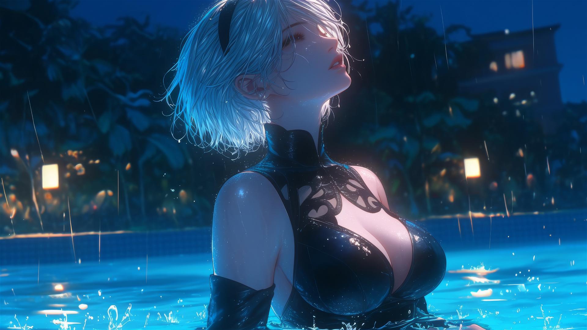 2B from Nier in casual attire, sitting by a rainy pool with moonlight glow.