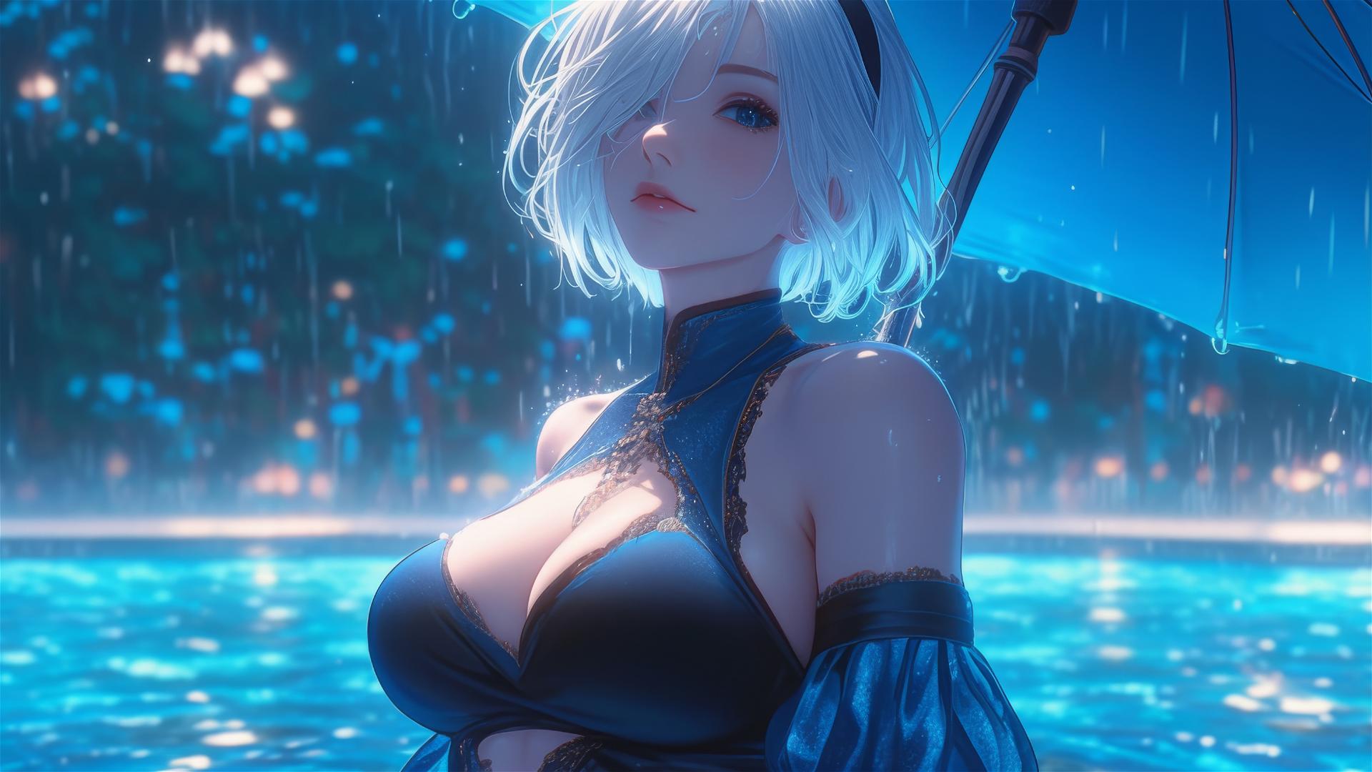 2B from Nier in casual clothes sitting by a rainy pool under moonlight