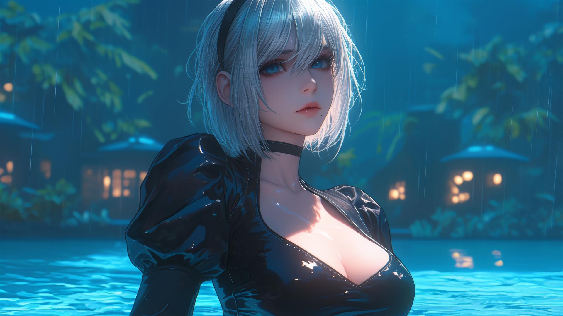 2B from Nier in casual attire sitting at a rainy pool with moonlight.