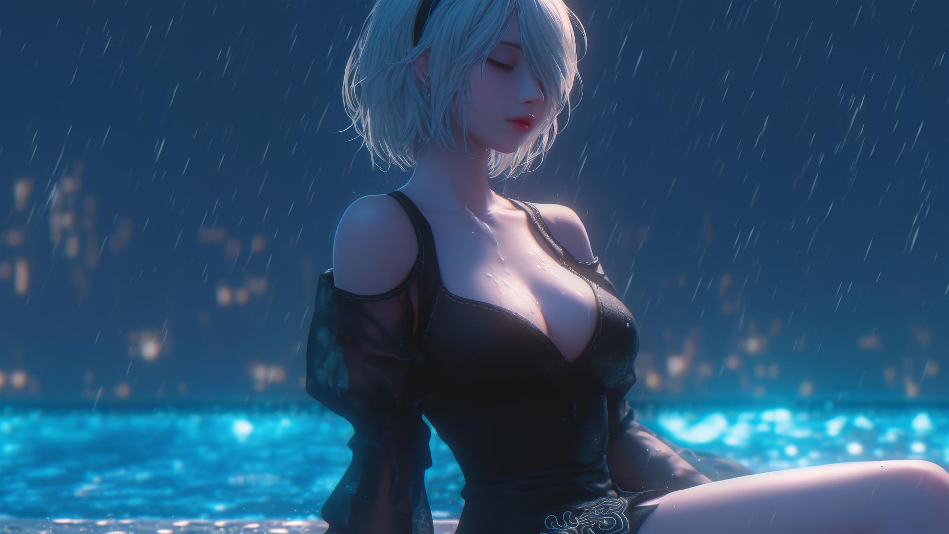 2B from Nier in casual attire, relaxed by a rainy swimming pool with moonlight.