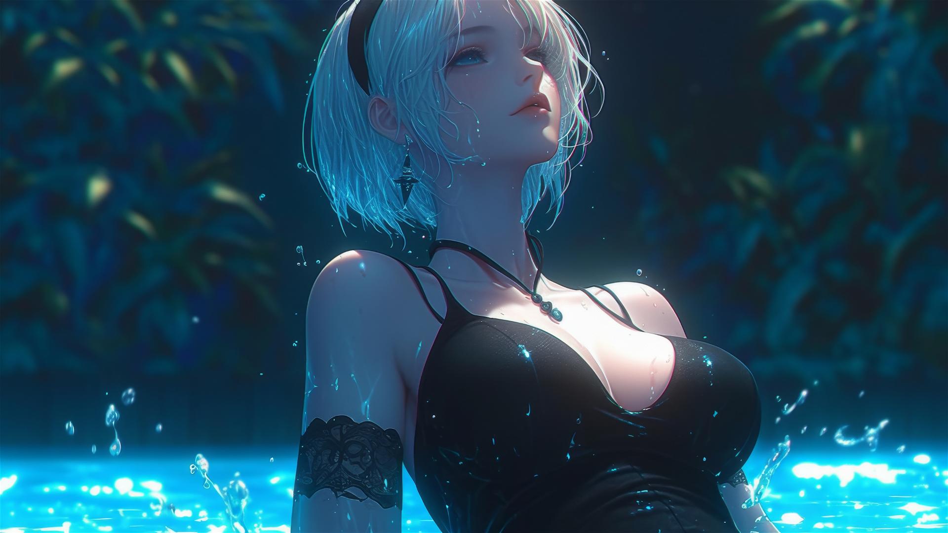 2B from Nier in casual attire, sitting by a rainy pool with moonlight on her