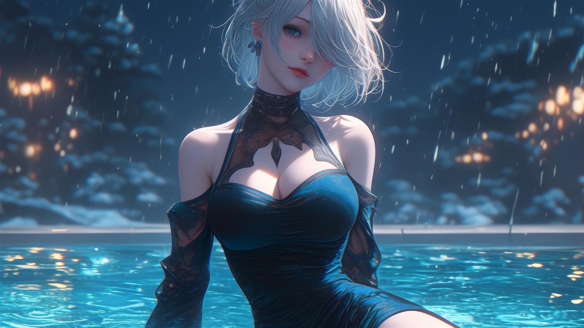2B from Nier in casual attire, sitting relaxed at a rainy swimming pool, moonlight glowing on her figure.