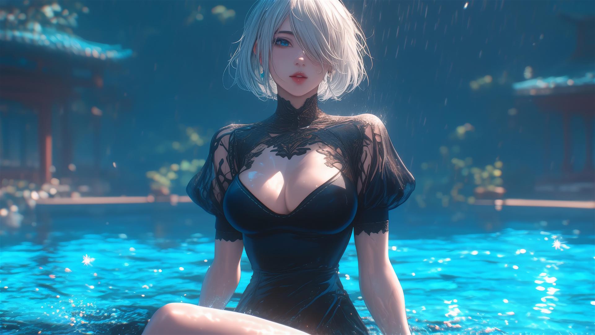 2B from Nier in casual attire, sitting at a rainy swimming pool under moonlight