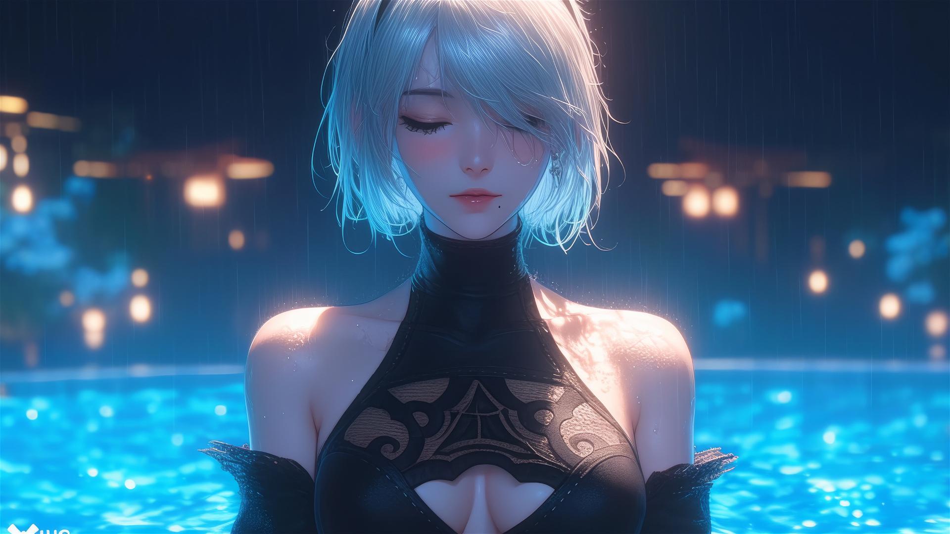 2B from Nier casually seated by a moonlit rainy pool