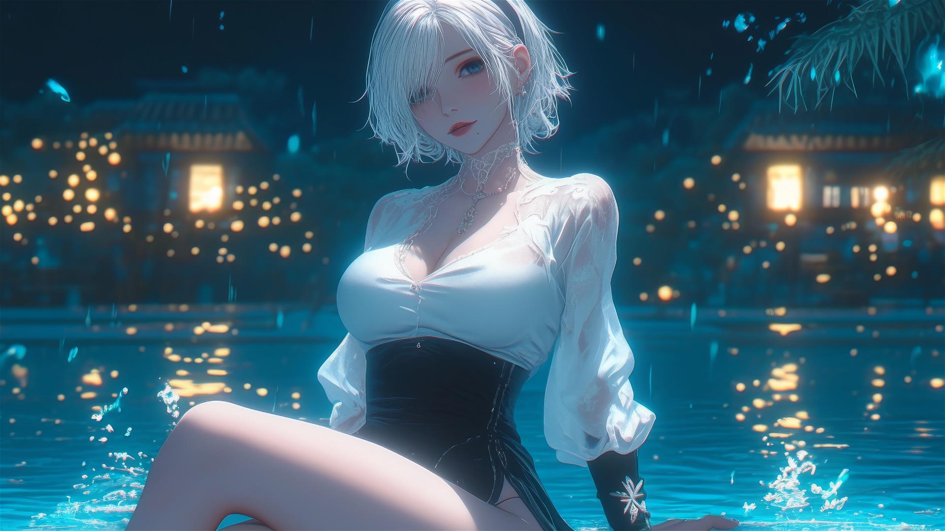 2B from Nier in pure white clothing, sitting relaxed by a rainy pool, moonlight glow