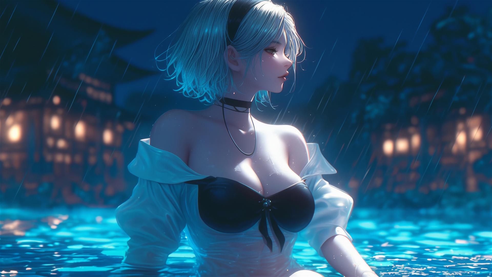 2B from Nier in pure white casual clothing, sitting relaxed by a rainy swimming pool with a soft moonlight glow.
