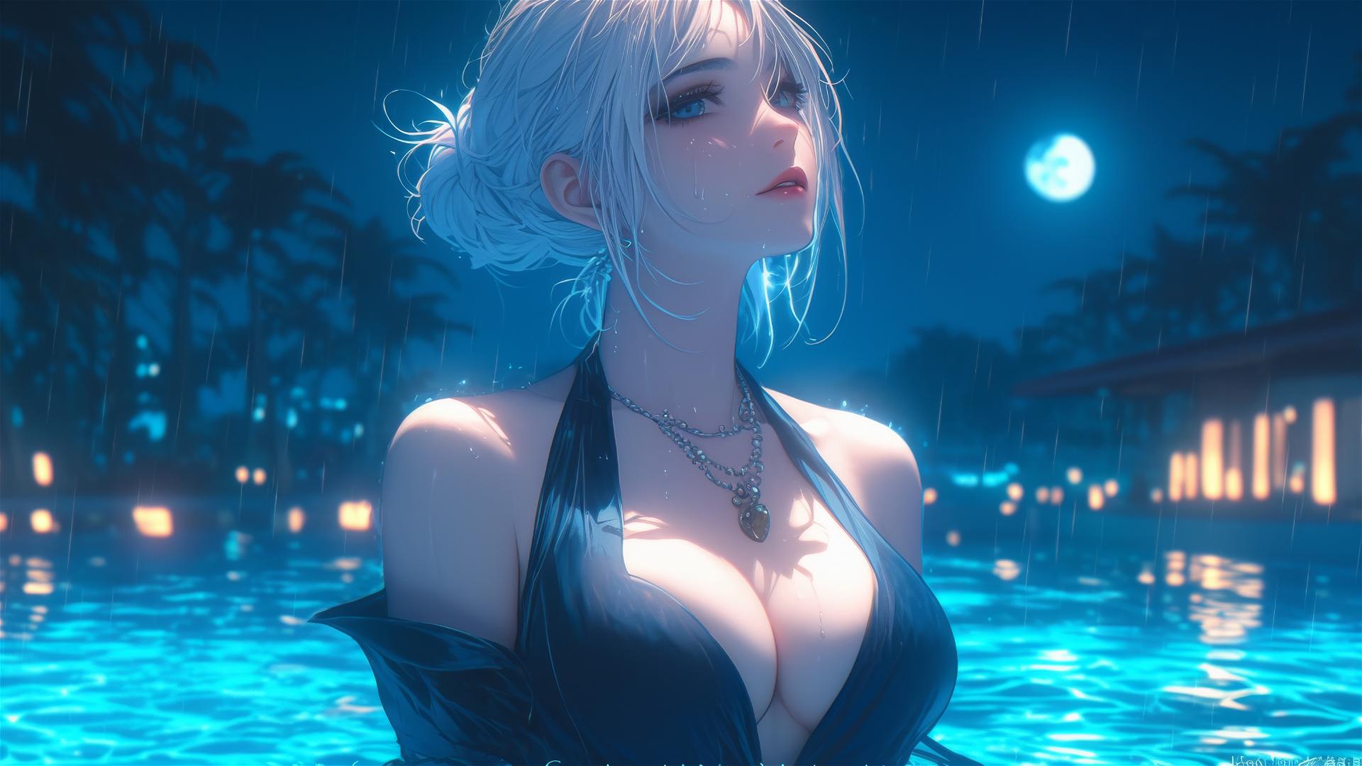 2B from Nier sitting casually in white clothes at a rainy pool by moonlight