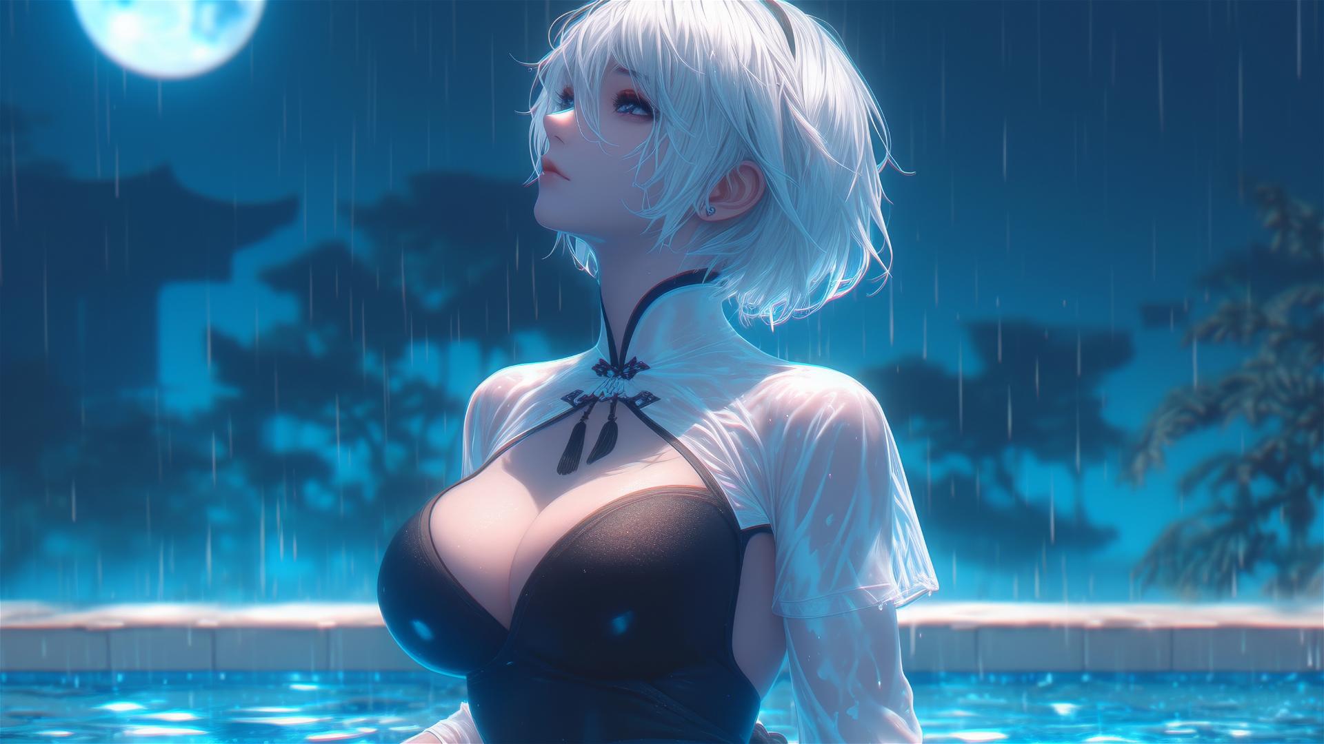 2B from Nier in pure white casual clothing, sitting by a rainy pool at night with moonlight.