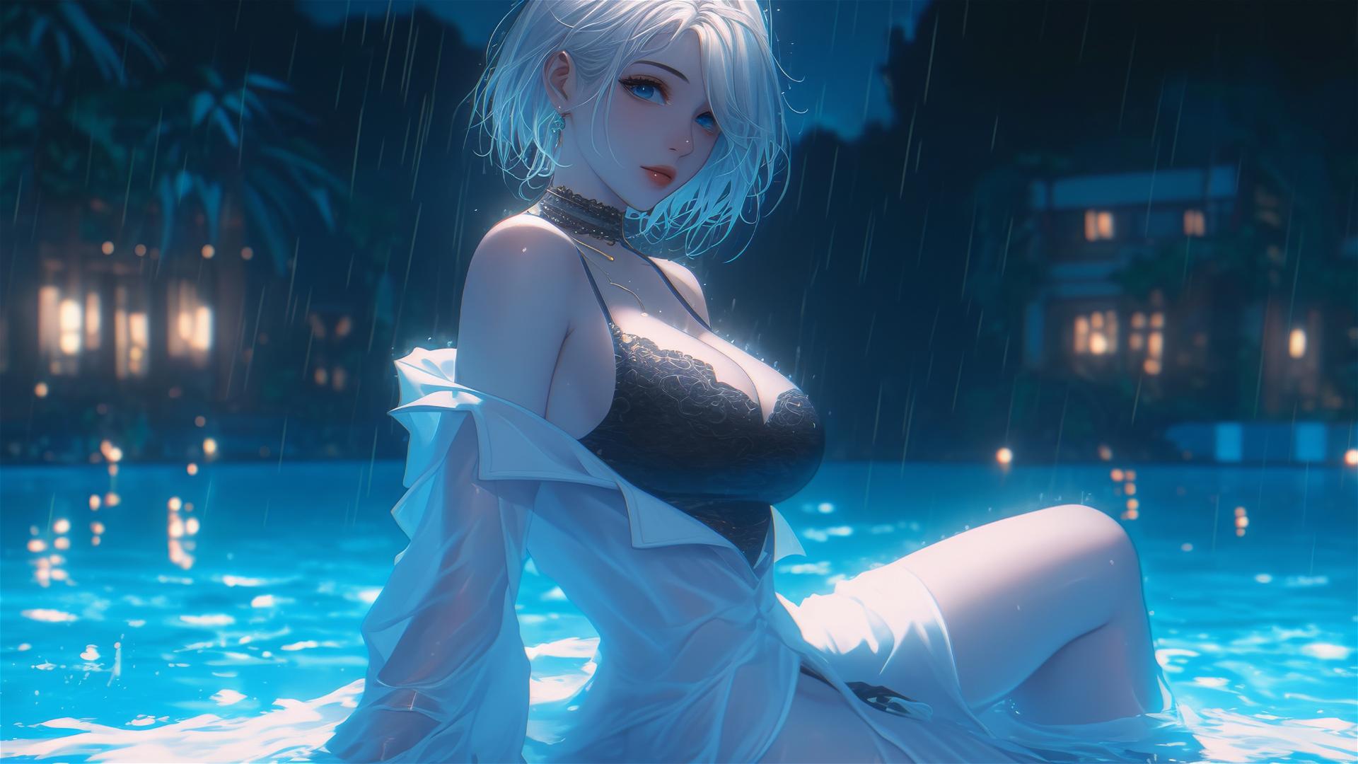2B in casual white clothing, relaxed posture, sitting by a rainy swimming pool with moonlight glow.