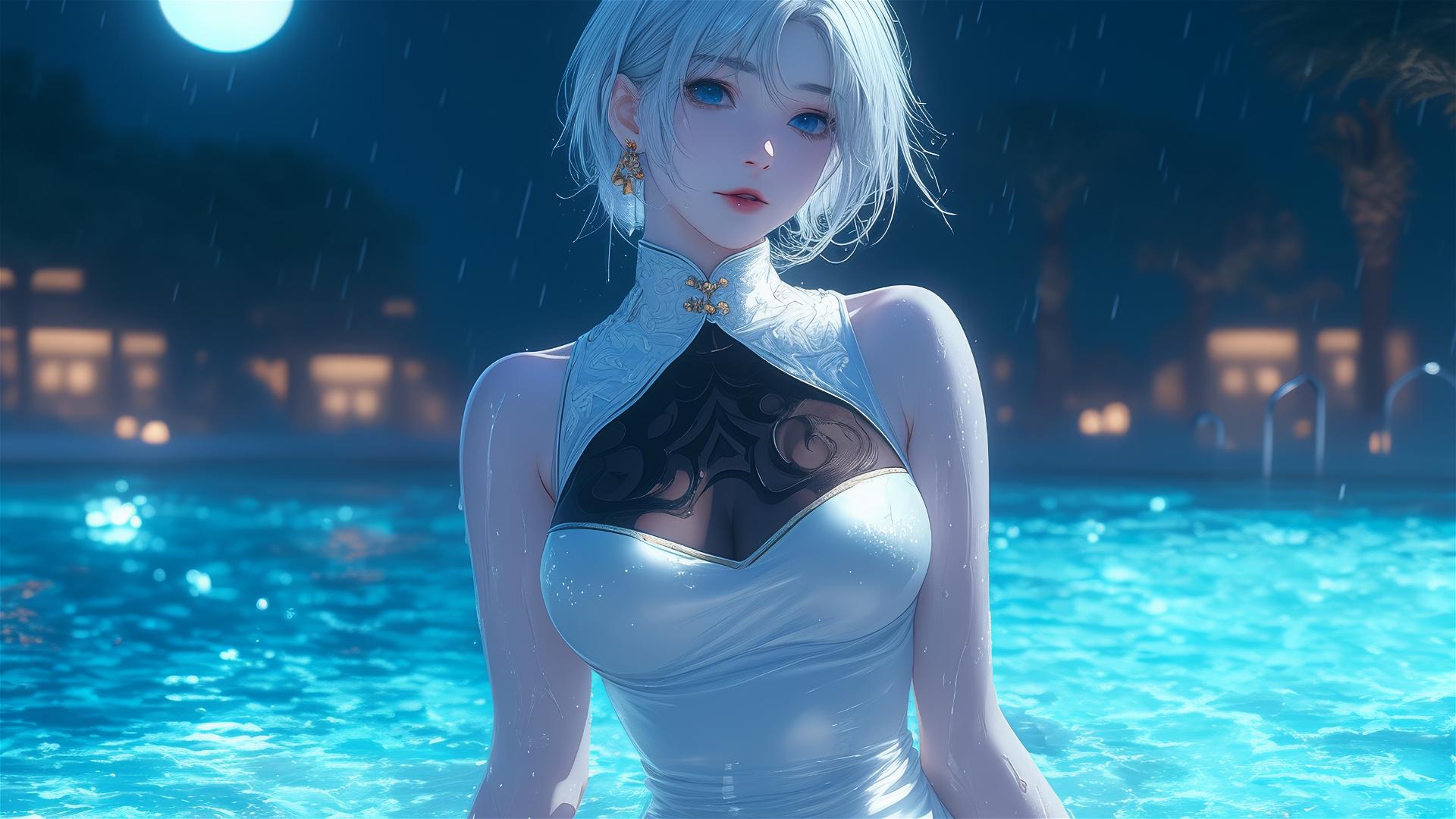 2B in casual white outfit resting by a rainy pool under moonlight