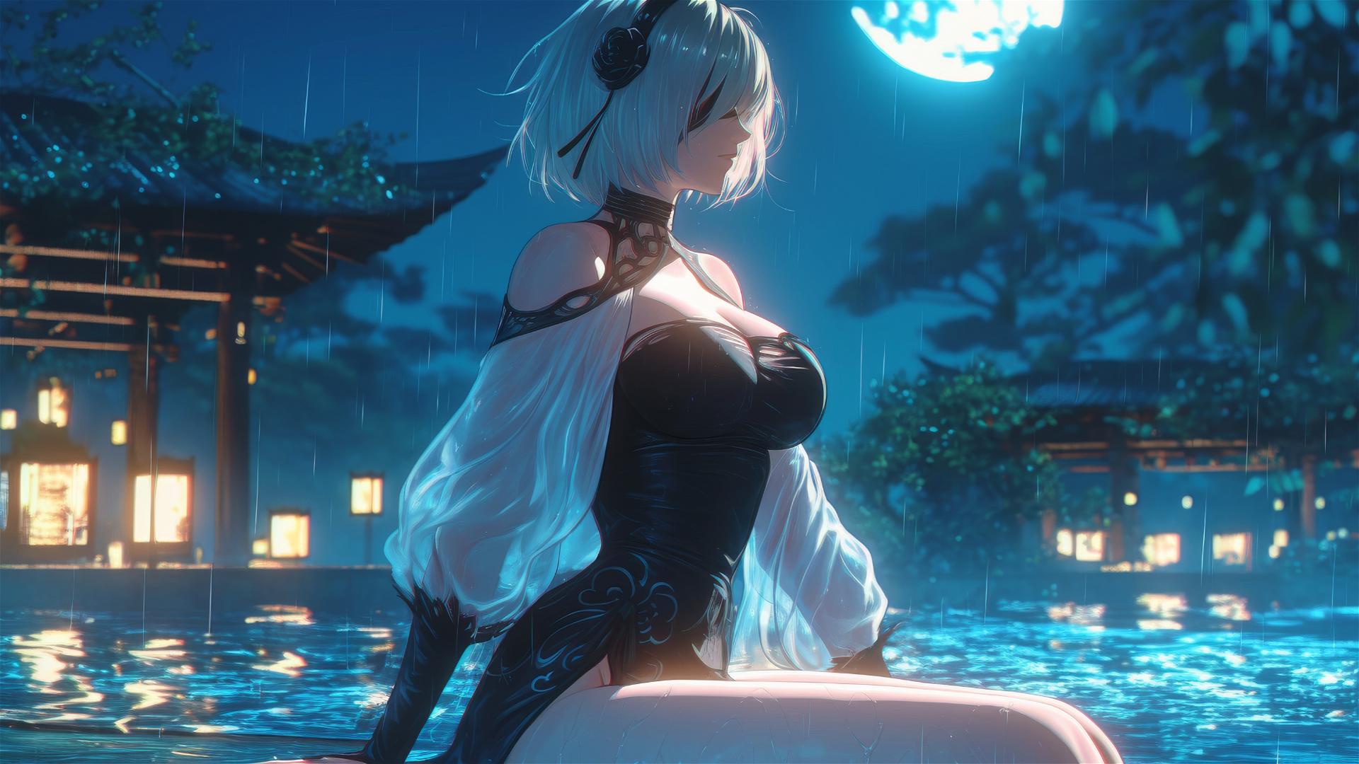 2B from Nier in pure white casual clothing sitting relaxed by a rainy swimming pool with moonlight glow