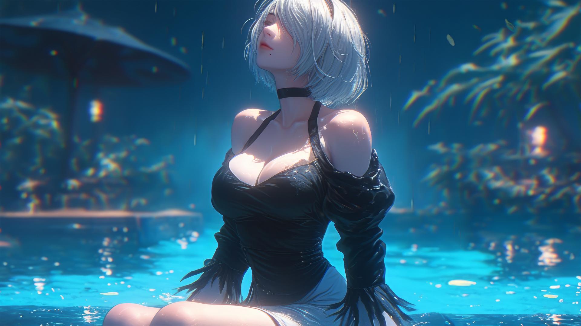2B from Nier in casual white clothing sitting by a rainy pool under moonlight.