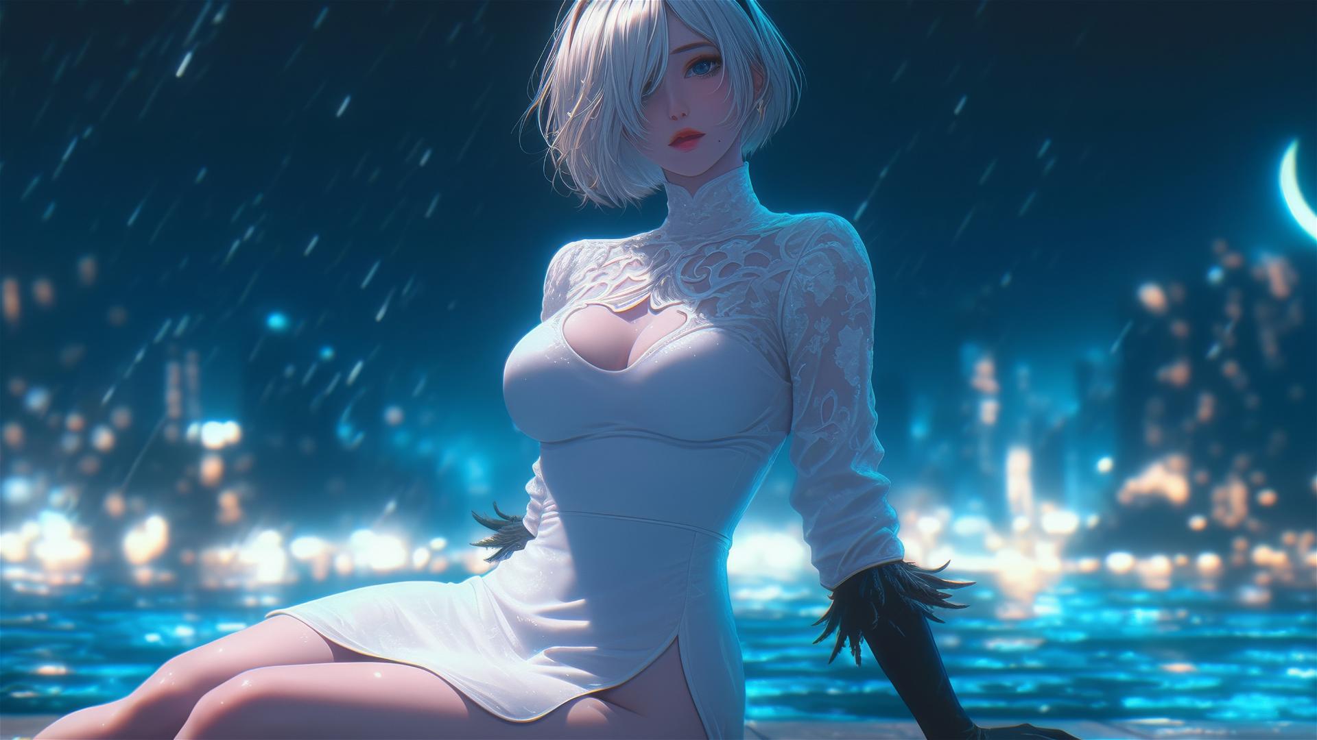 2B from Nier in casual white clothing, relaxing by a rainy pool under moonlight.