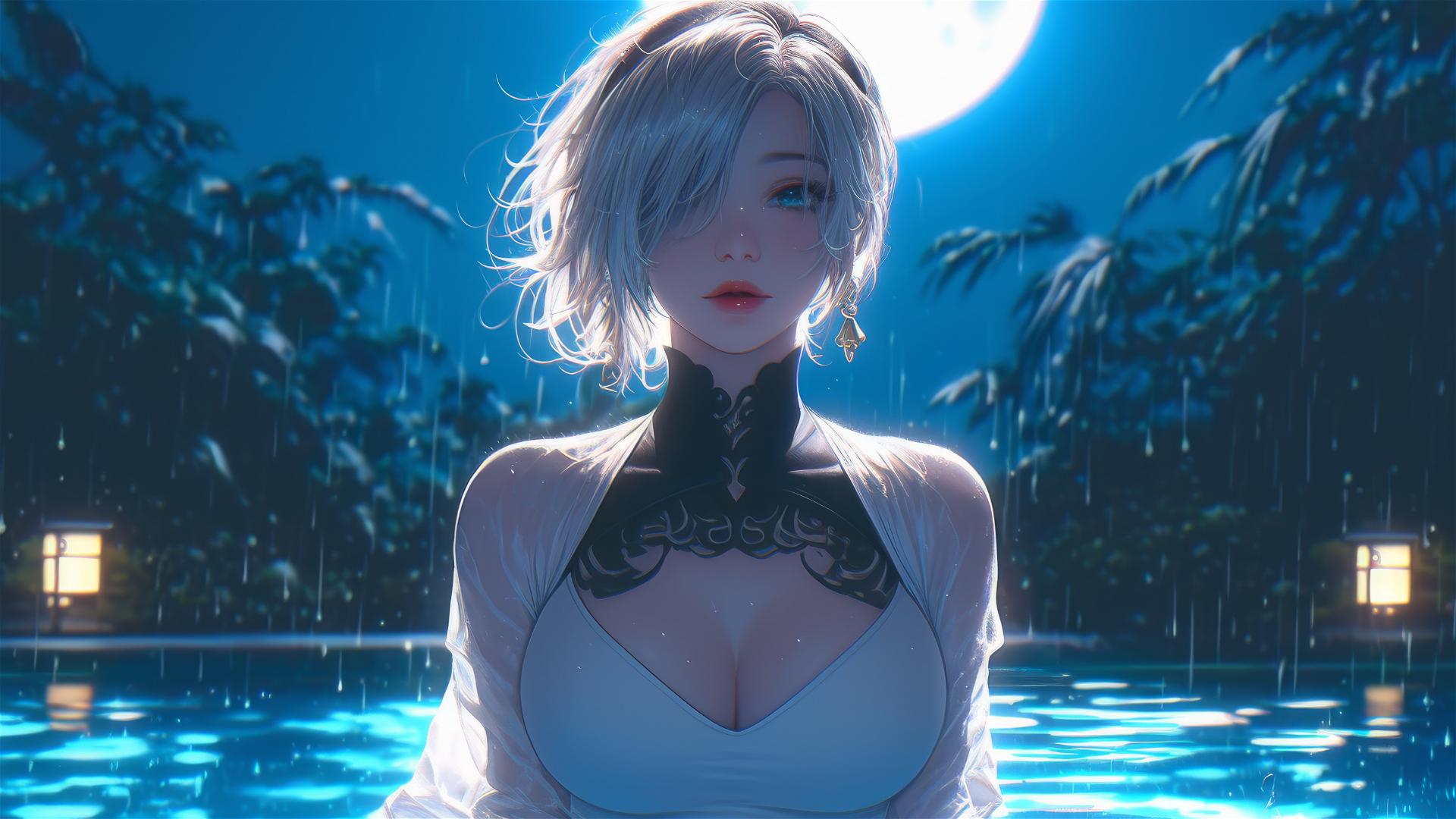 2B from Nier in casual white clothing, sitting relaxed by a rainy swimming pool under moonlight.