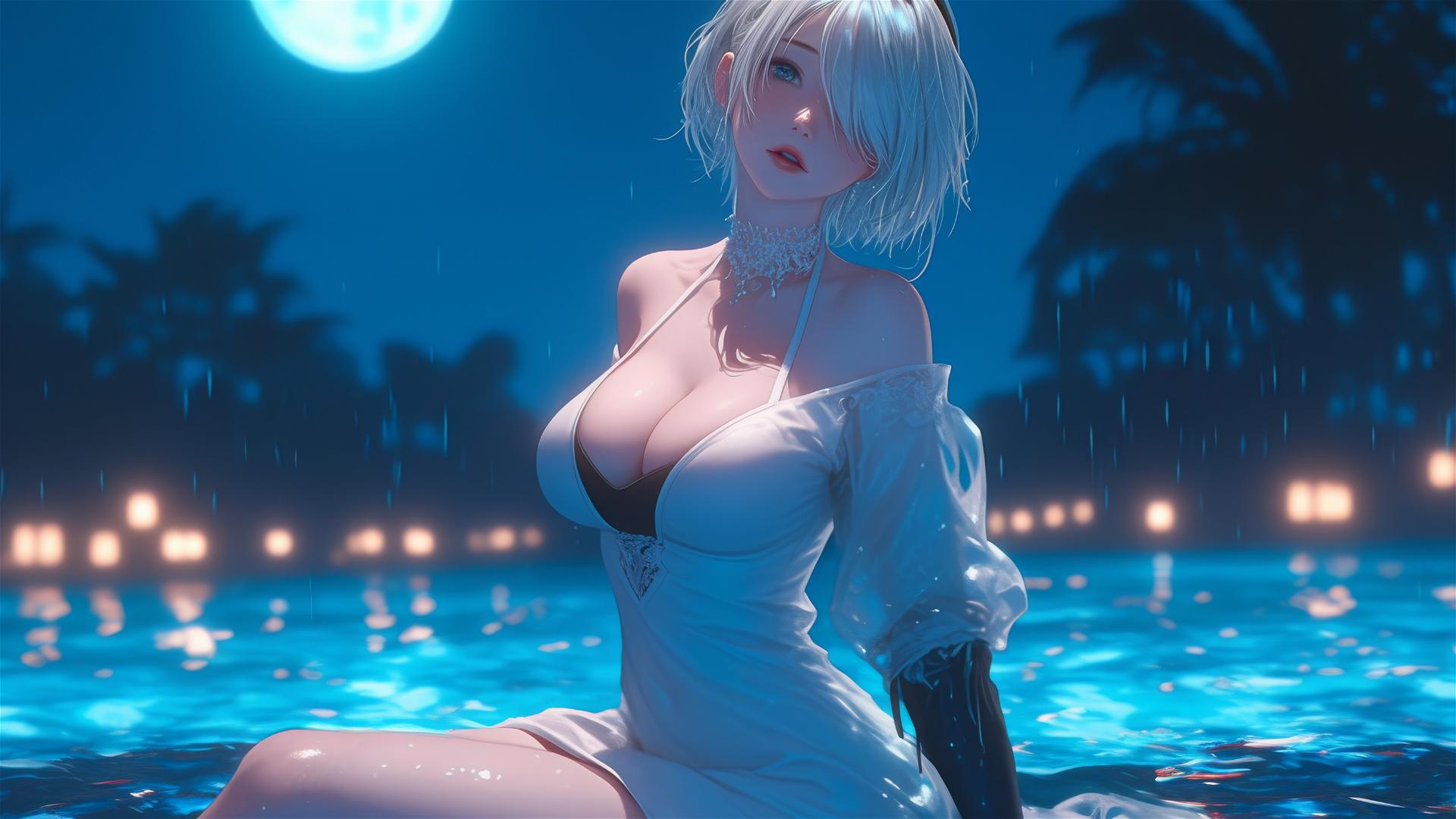 2B from Nier in white, resting by a pool under moonlight
