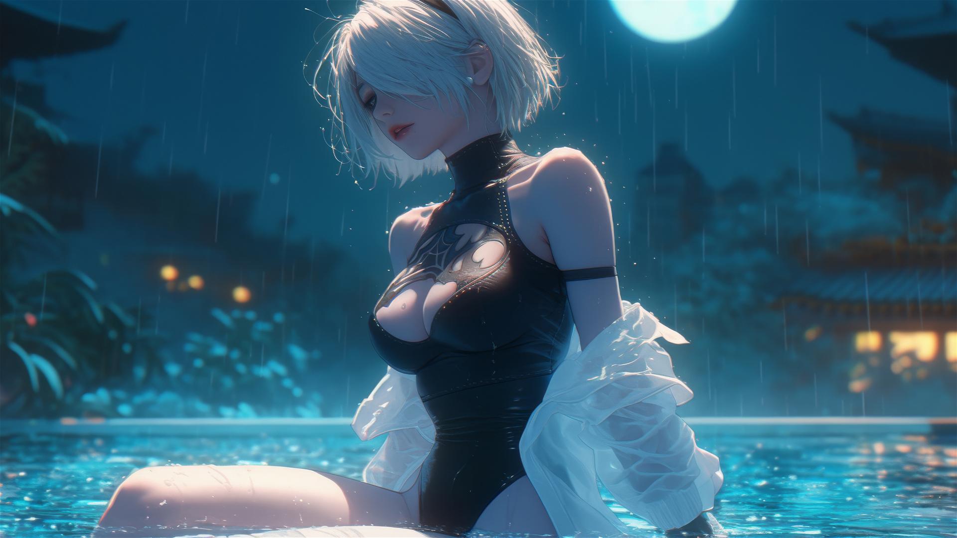 2B from Nier in white clothes, resting by a rainy pool under moonlight