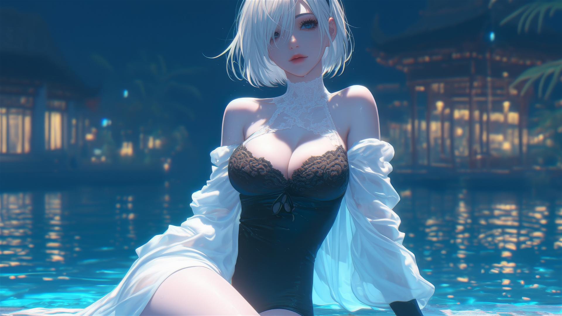 2B from Nier in casual white clothing, sitting by a rainy pool under moonlight, with short white hair.