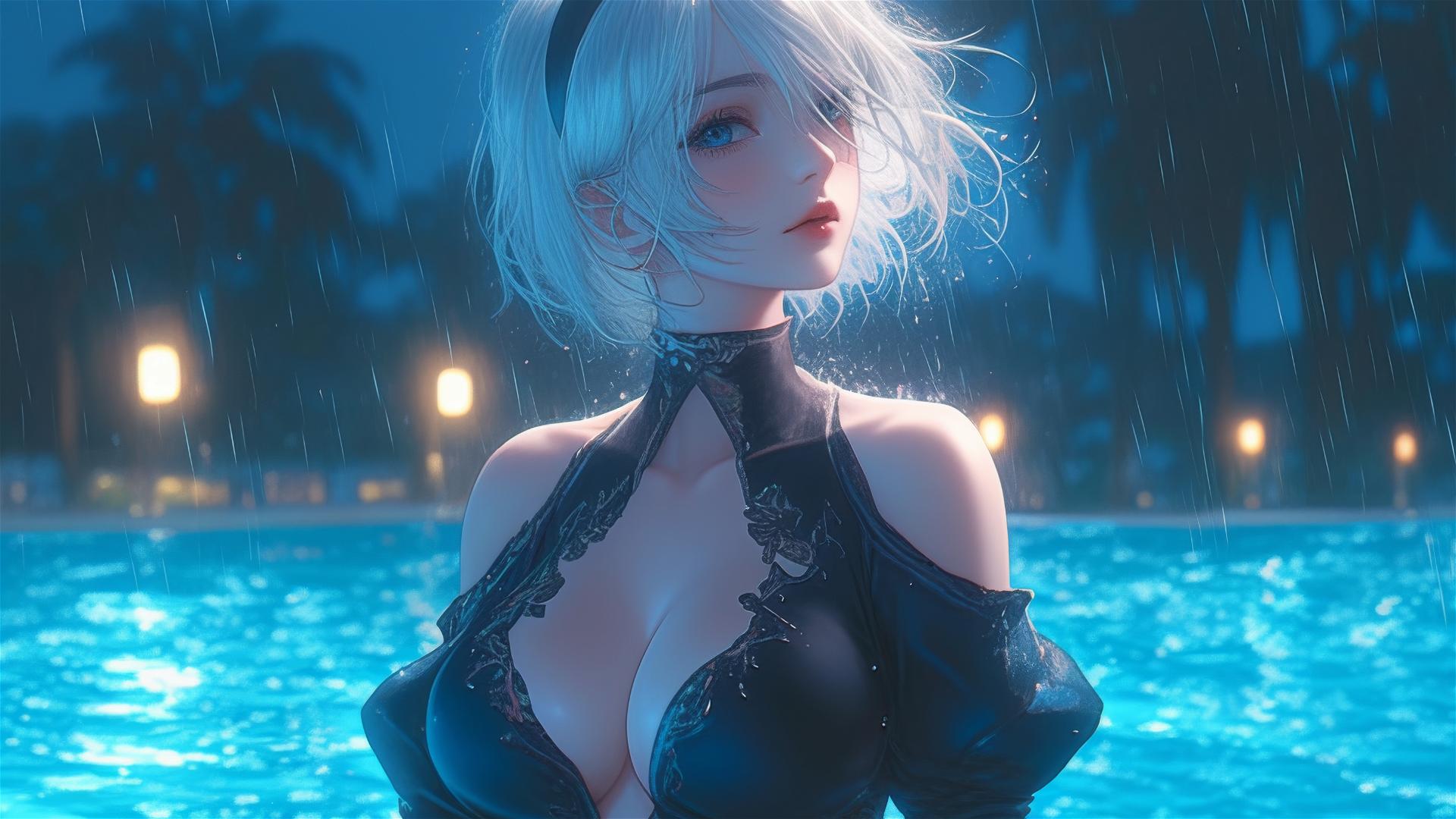 2B from Nier in casual attire, sitting relaxed by a rainy pool under moonlight.