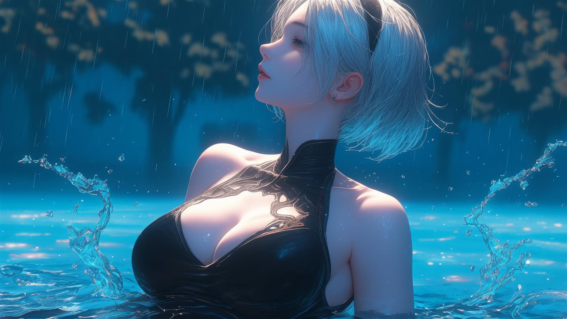 2B from Nier in casual attire at a moonlit pool