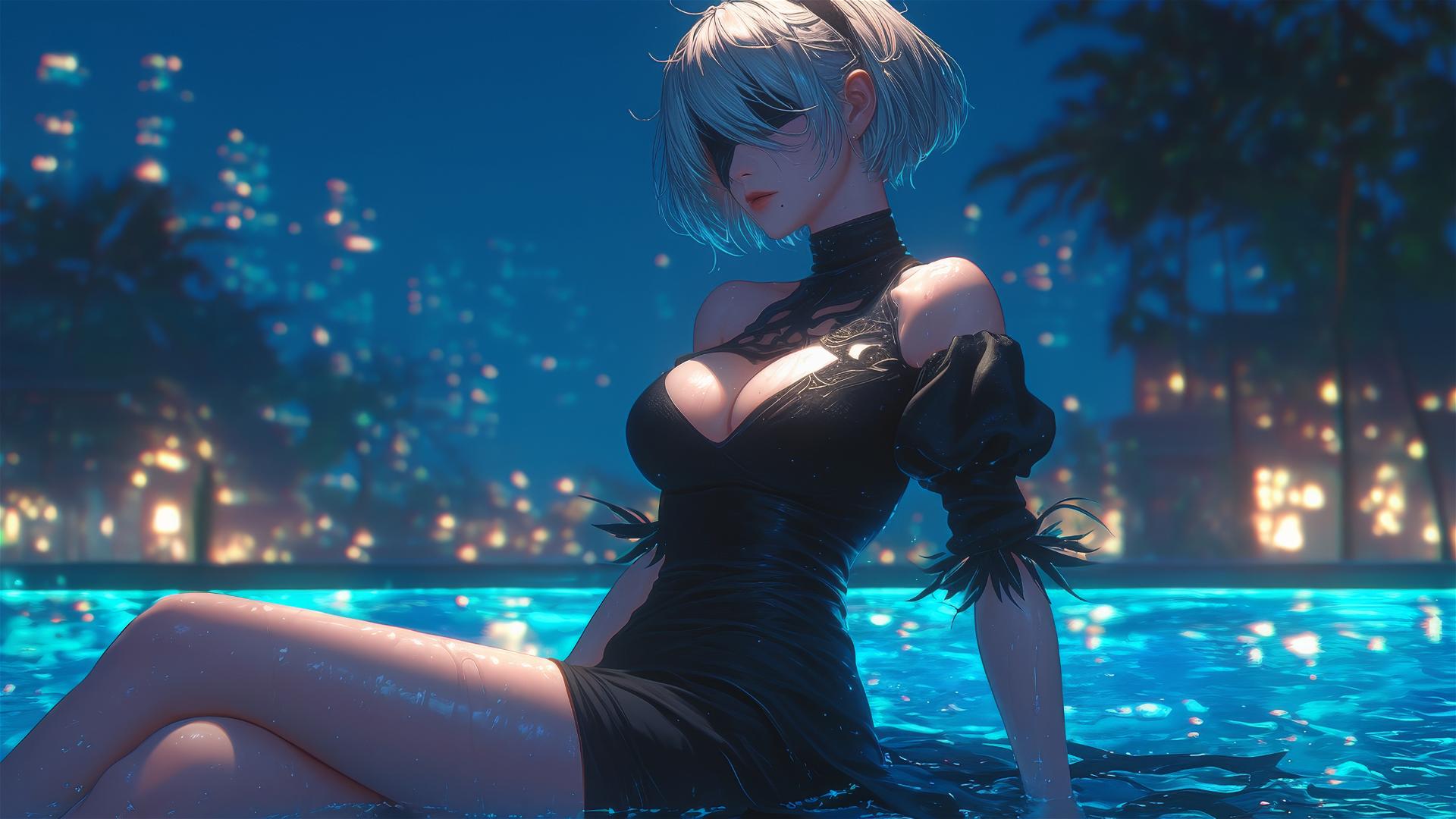2B from Nier in casual attire, sitting relaxed at a rainy swimming pool in moonlight.