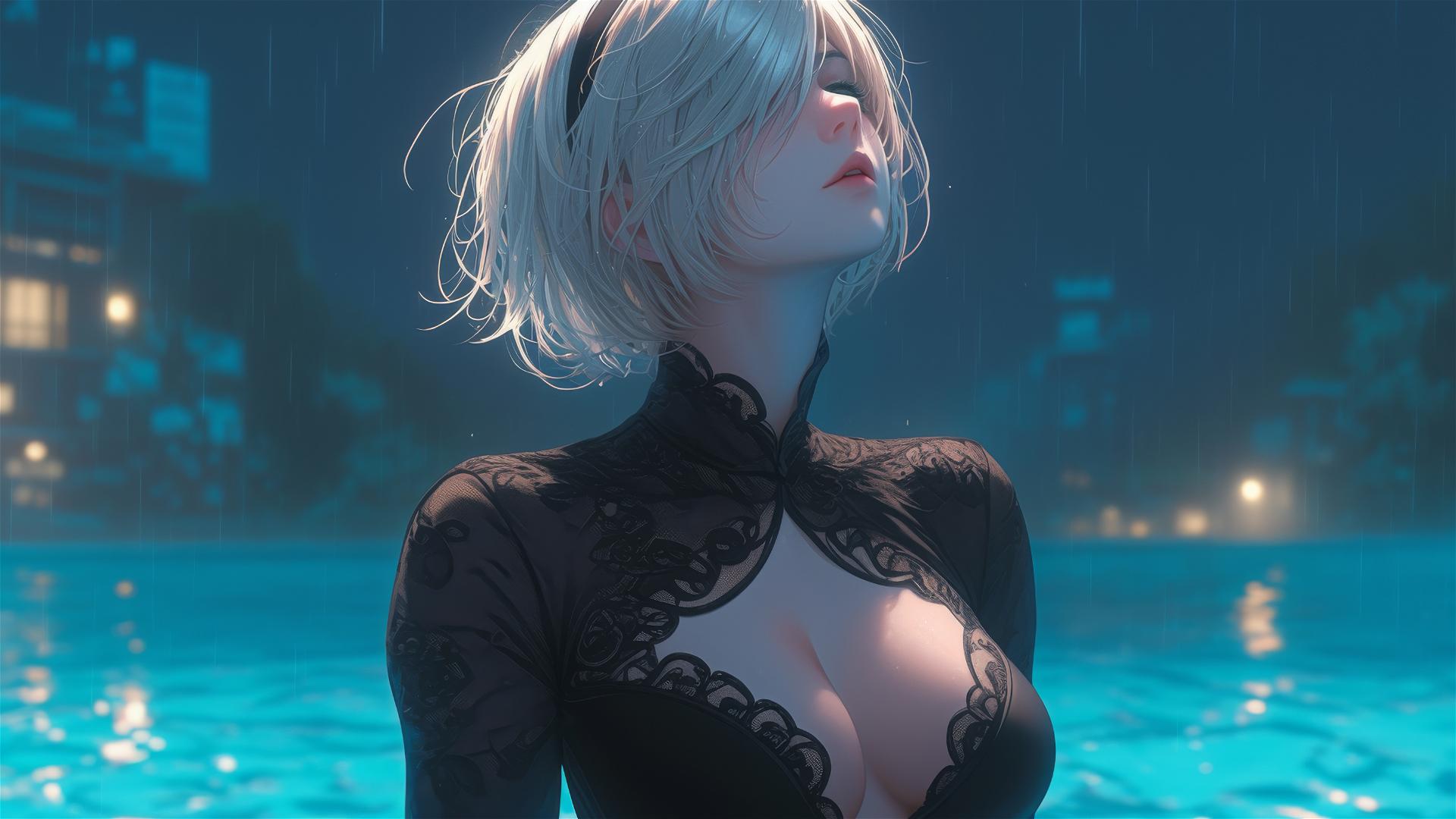 2B from Nier in casual attire, seated by a rainy pool under moonlight