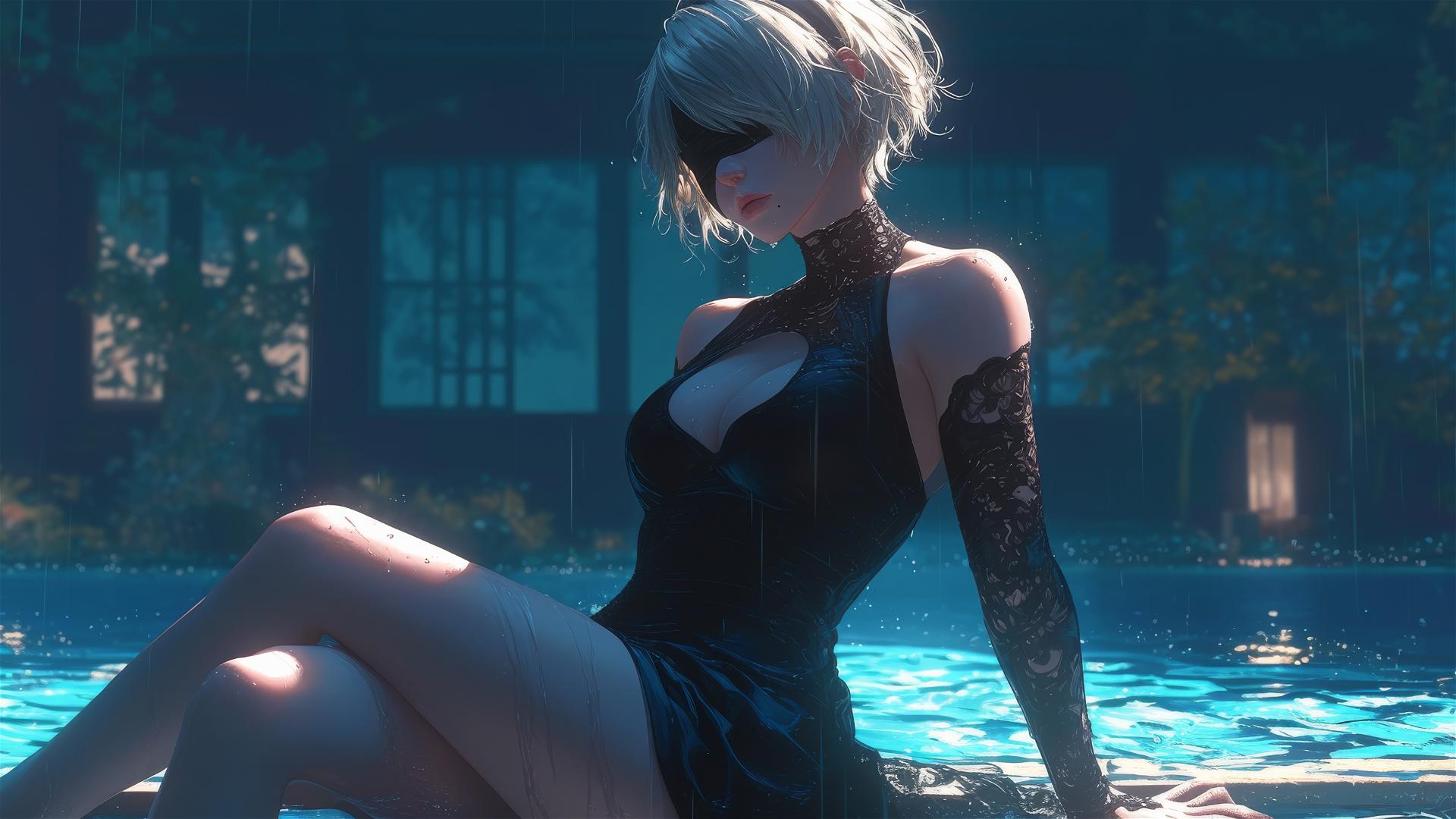 2B from Nier in casual attire sitting relaxed by a rainy swimming pool under moonlight.