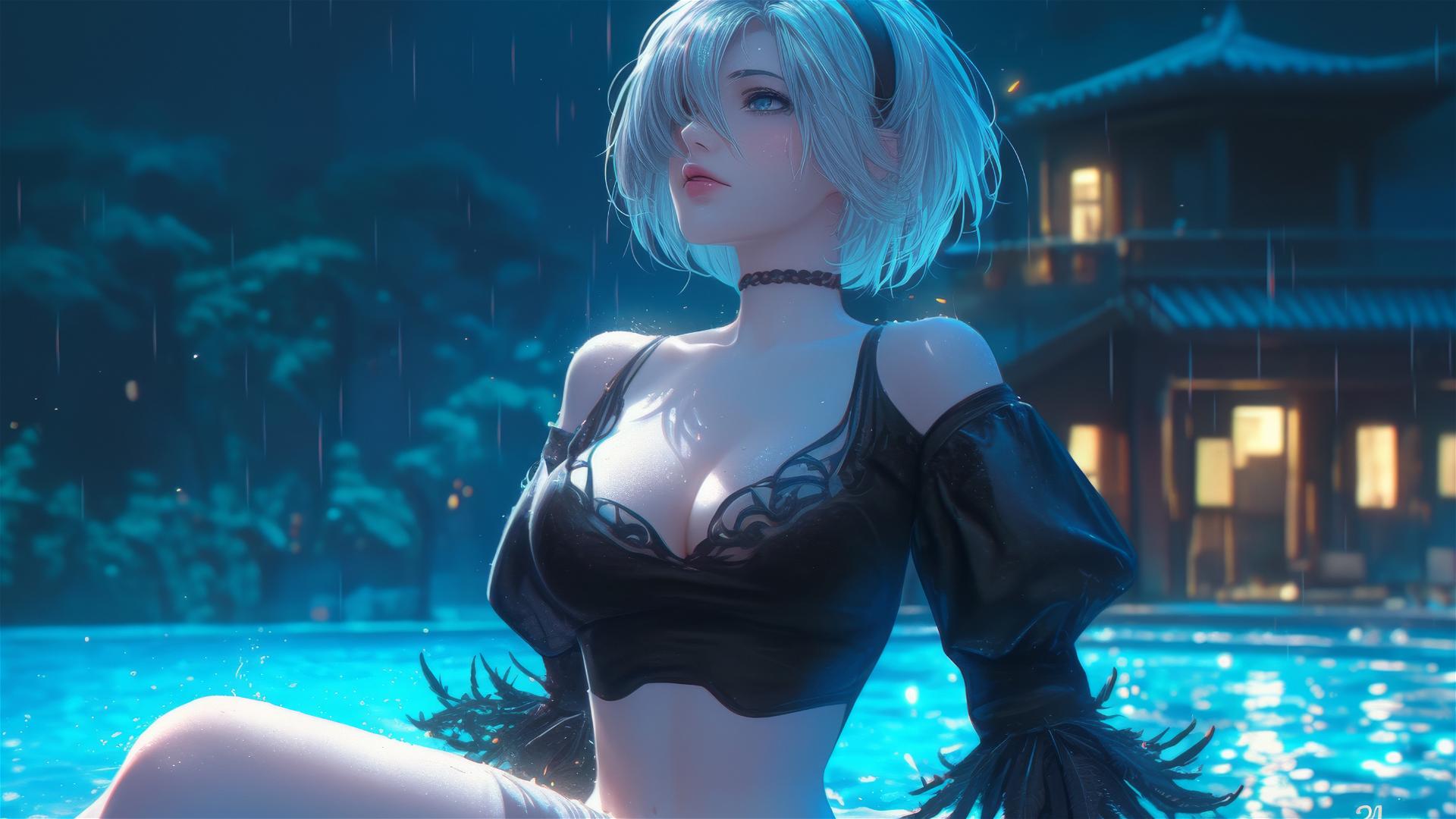 2B from Nier in casual attire, relaxed posture, sitting at a rainy swimming pool under moonlight.