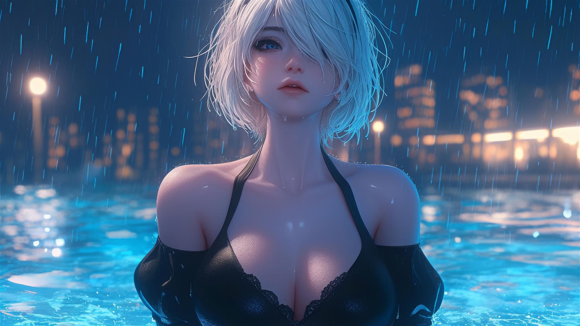 2B from Nier in casual attire sitting by a rainy swimming pool, moonlight glow.