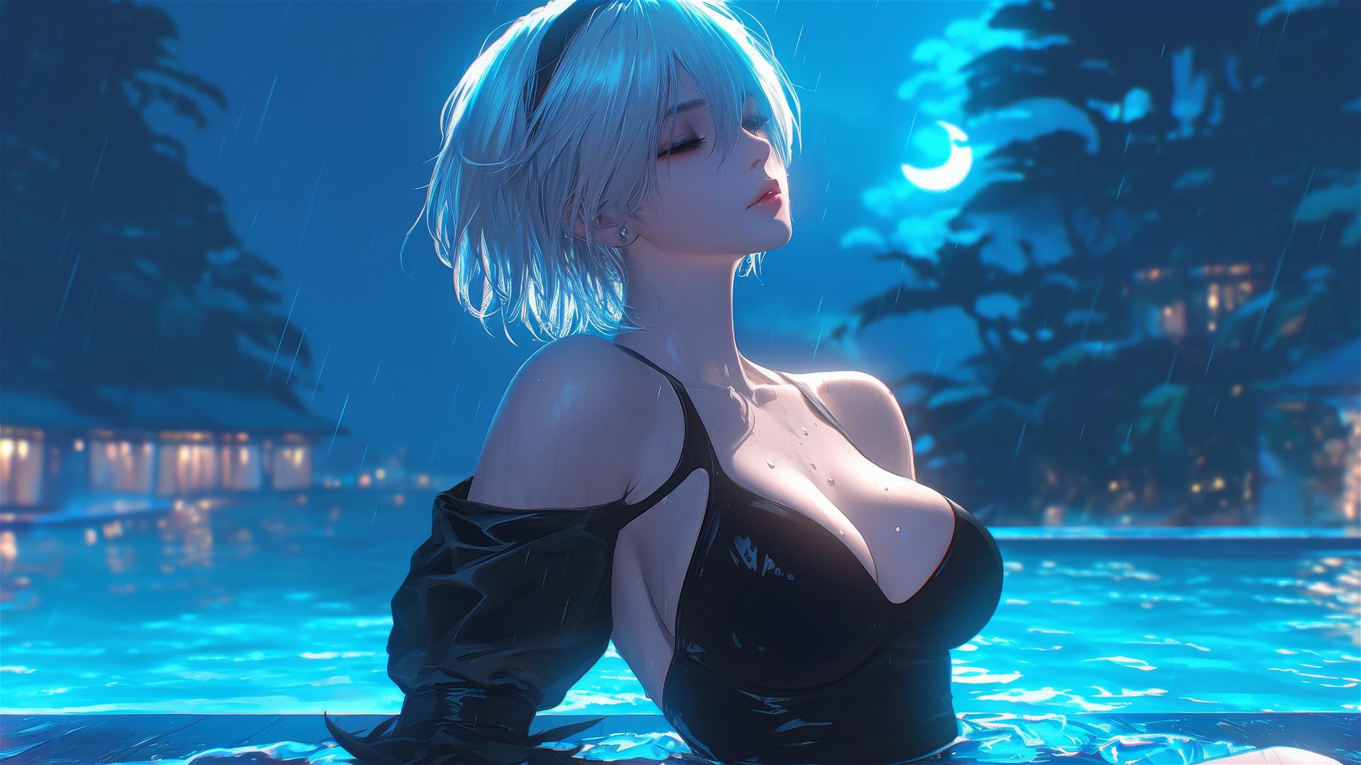 2B from Nier relaxes by a rainy pool under moonlight
