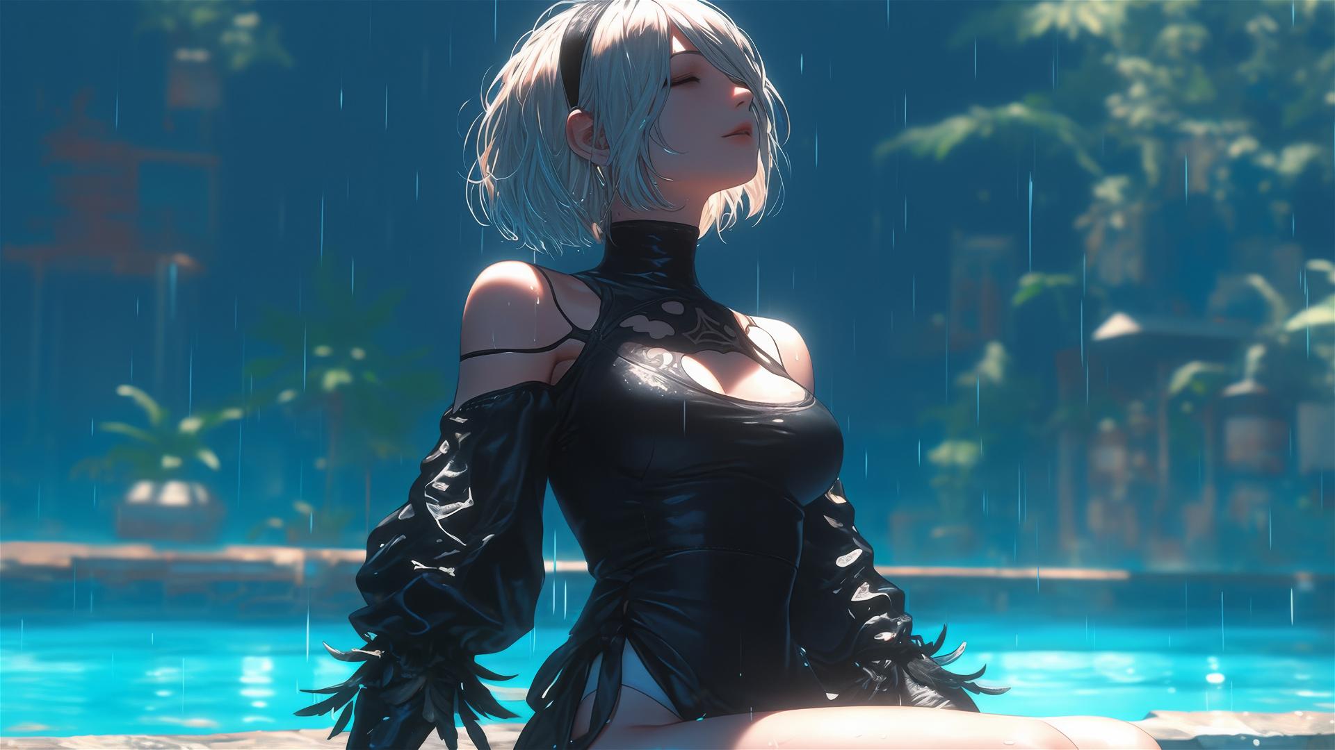 2B from Nier in casual attire, sitting by a rainy swimming pool, moonlight glowing