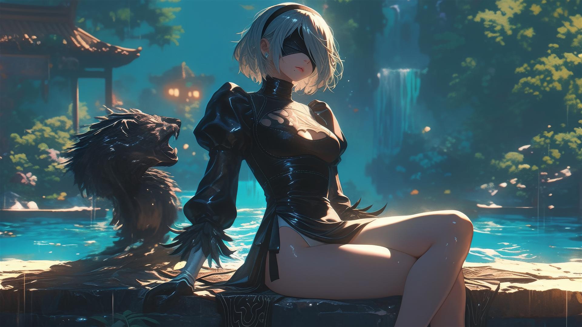 2B from Nier in casual attire, relaxed posture, sitting by a rainy swimming pool illuminated by moonlight.